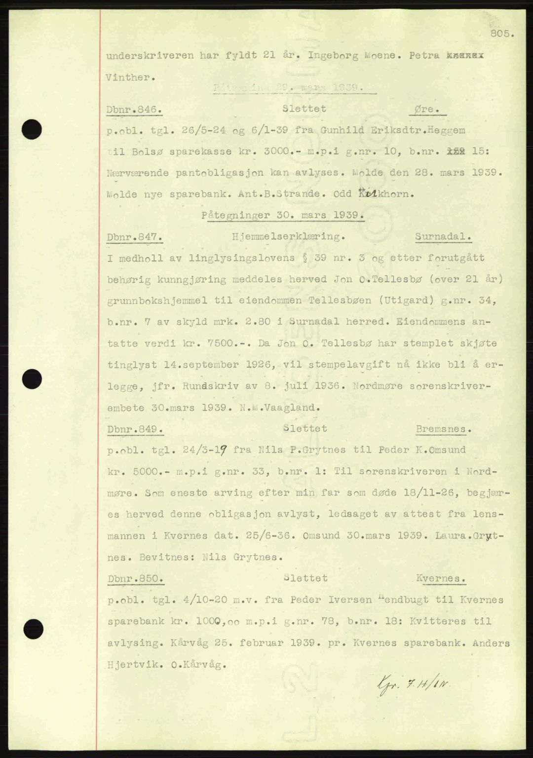 Nordmøre sorenskriveri, AV/SAT-A-4132/1/2/2Ca: Mortgage book no. C80, 1936-1939, Diary no: : 846/1939