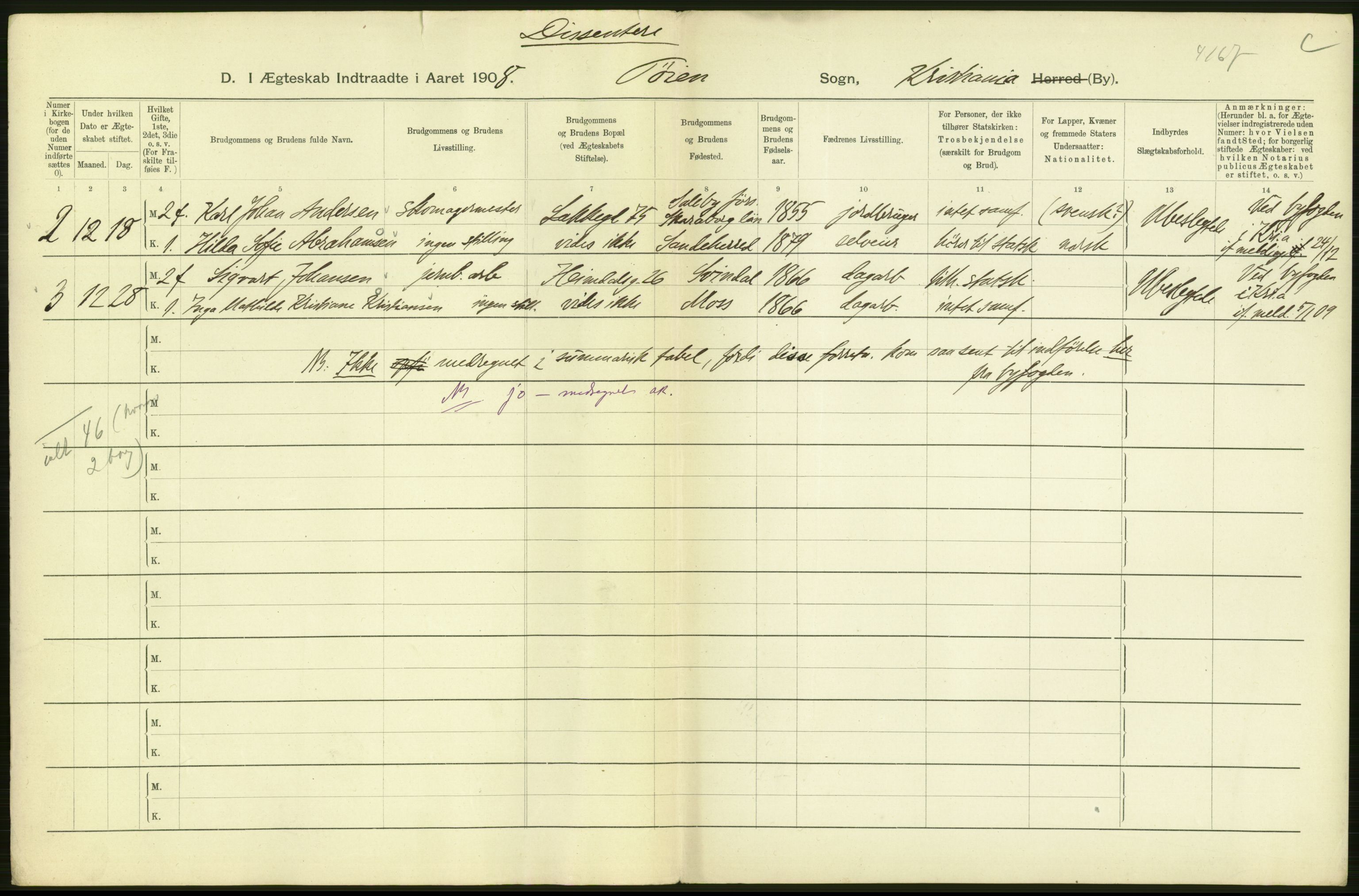 Statistisk sentralbyrå, Sosiodemografiske emner, Befolkning, AV/RA-S-2228/D/Df/Dfa/Dfaf/L0007: Kristiania: Gifte, 1908, p. 96