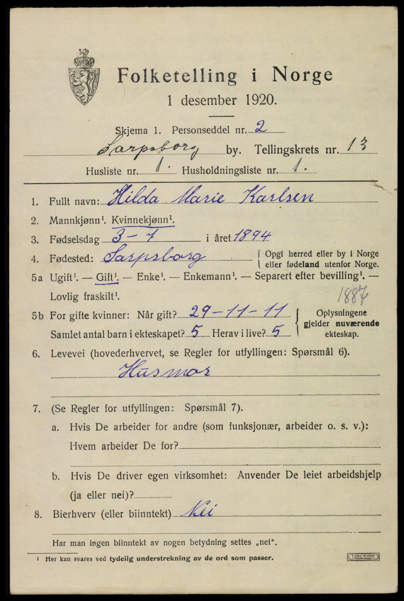 SAO, 1920 census for Sarpsborg, 1920, p. 27606