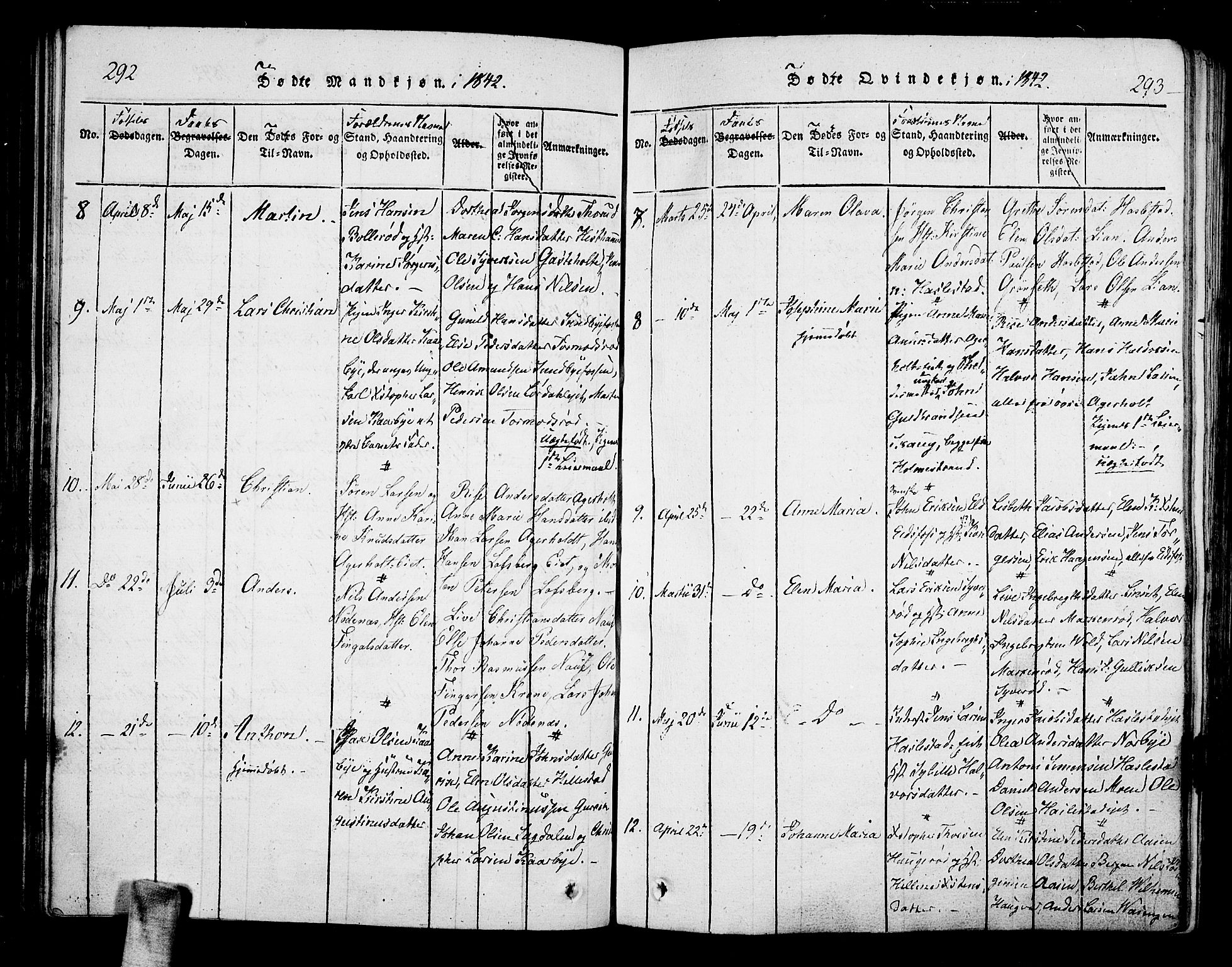 Hof kirkebøker, AV/SAKO-A-64/F/Fa/L0004: Parish register (official) no. I 4, 1814-1843, p. 292-293