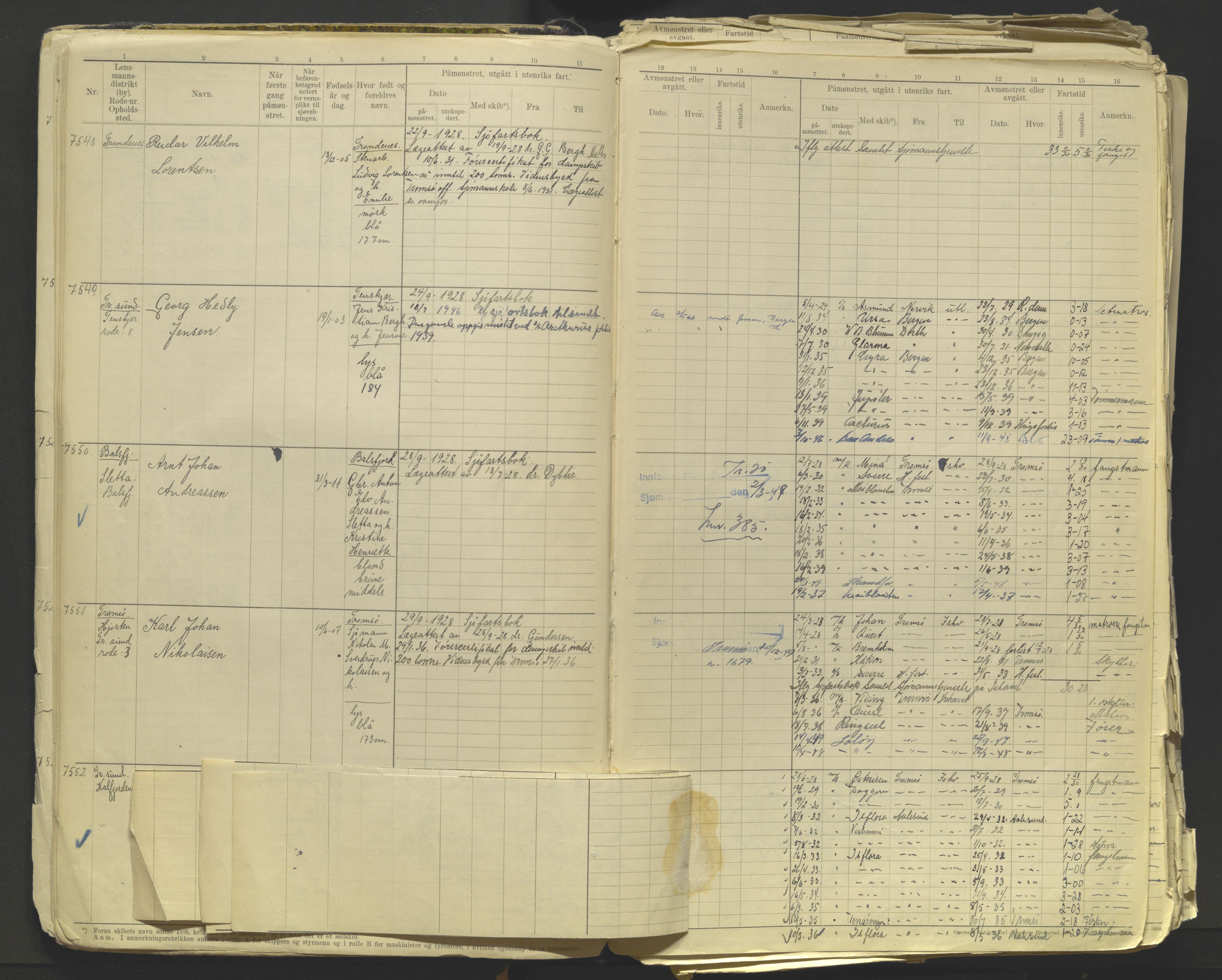 Tromsø sjømannskontor/innrullerings-/mønstringsdistrikt, AV/SATØ-S-0243/F/Fb/L0012: Annotasjonsrulle. Defekt: løse innbinding. Nr. 7518-10143, 1928-1944
