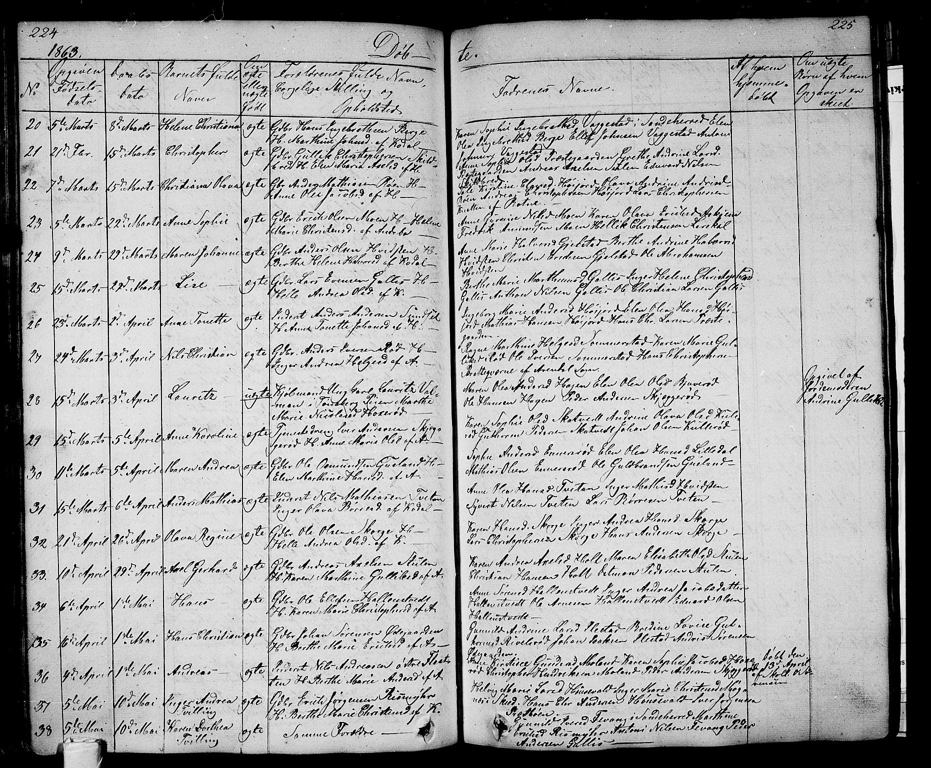 Andebu kirkebøker, AV/SAKO-A-336/G/Ga/L0003: Parish register (copy) no. I 3, 1832-1867, p. 224-225