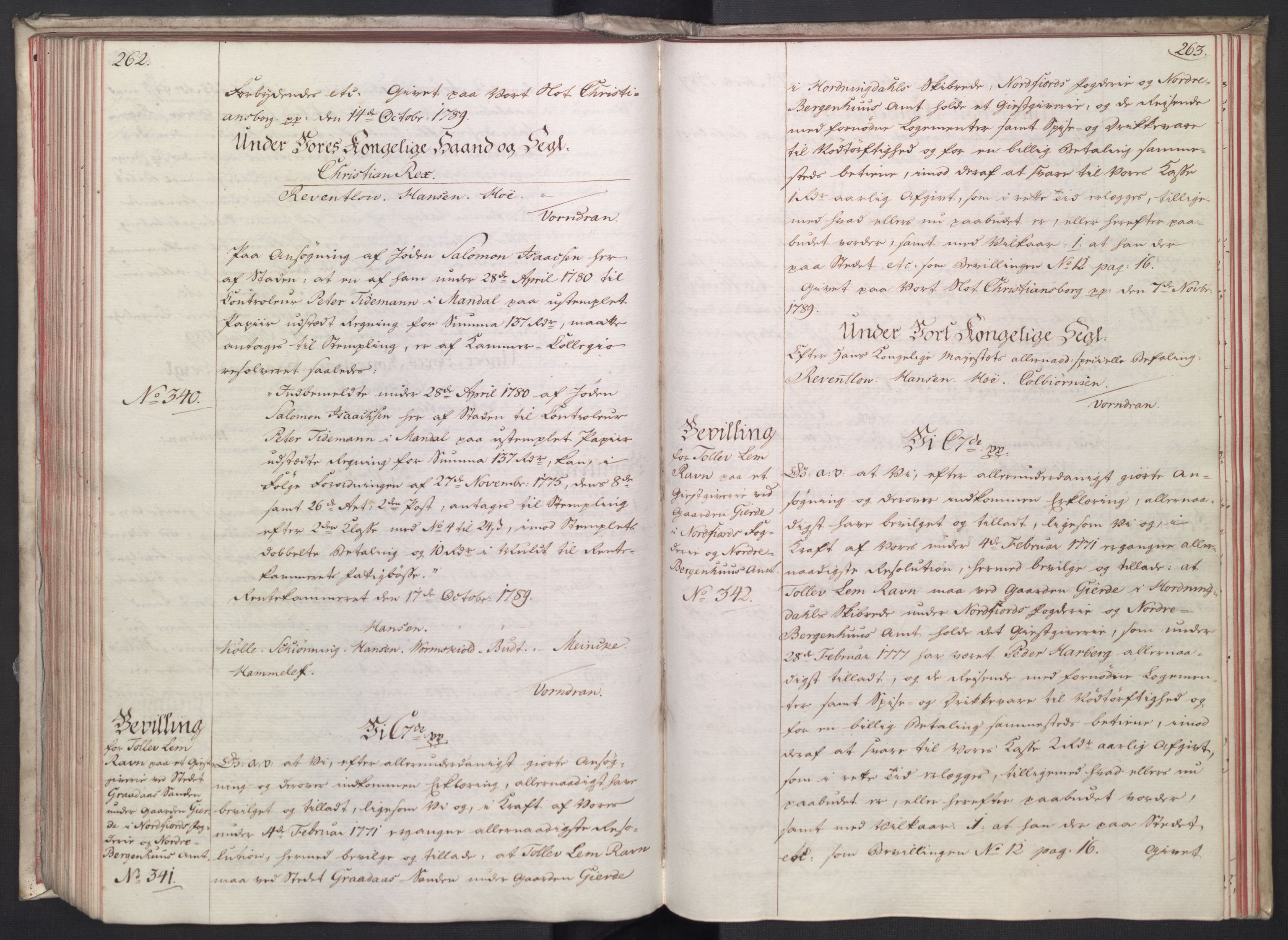 Rentekammeret, Kammerkanselliet, RA/EA-3111/G/Gg/Gga/L0014: Norsk ekspedisjonsprotokoll med register (merket RK 53.14), 1787-1790, p. 262-263