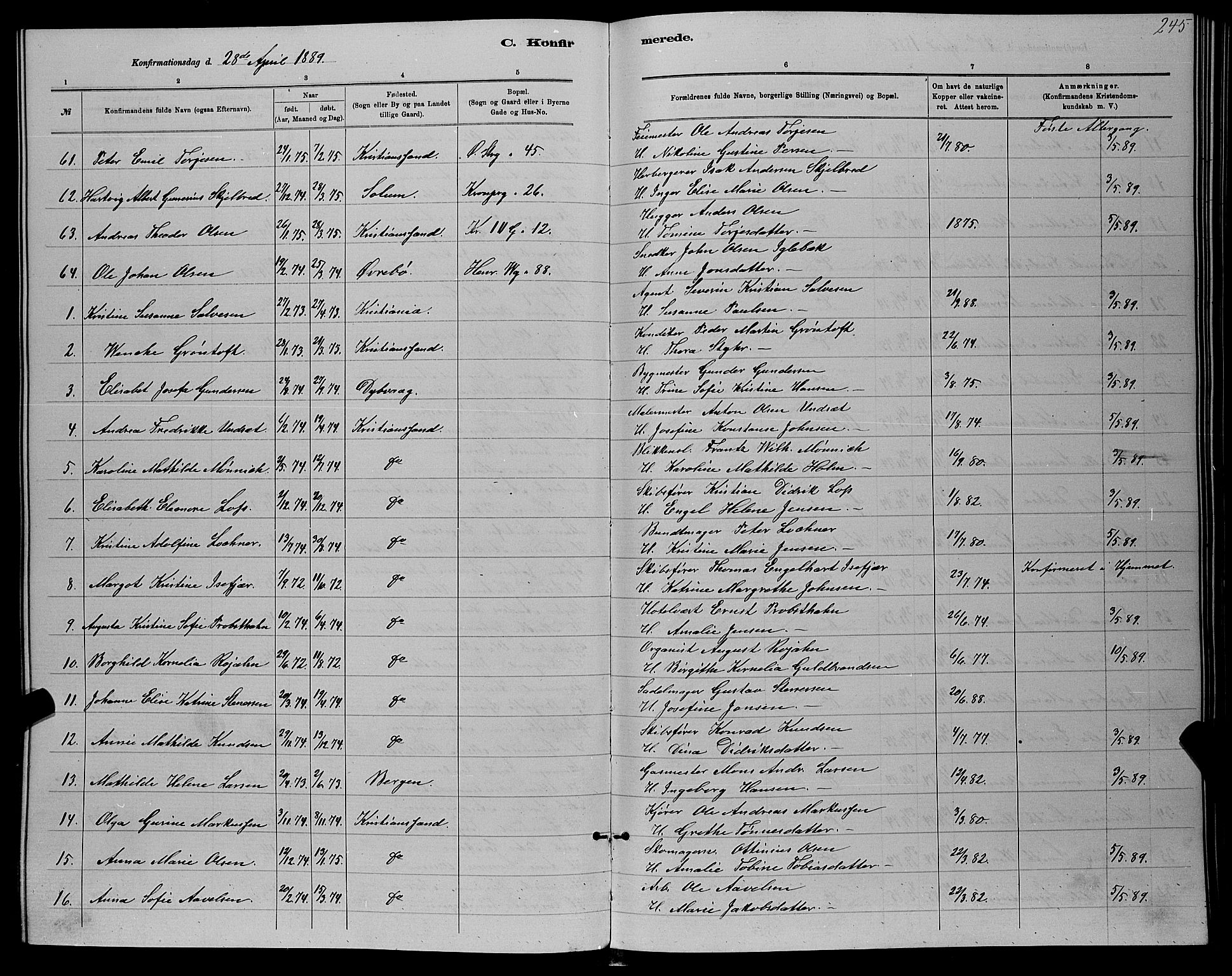 Kristiansand domprosti, AV/SAK-1112-0006/F/Fb/L0016: Parish register (copy) no. B 16, 1881-1893, p. 245