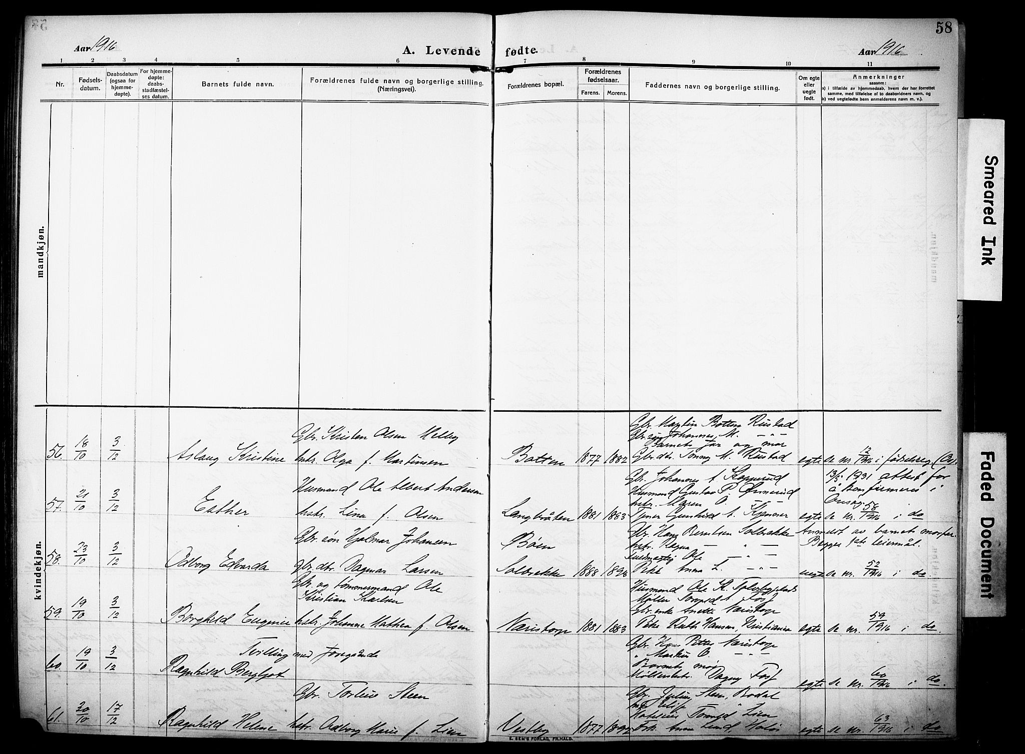 Rakkestad prestekontor Kirkebøker, AV/SAO-A-2008/F/Fa/L0015: Parish register (official) no. I 15, 1909-1922, p. 58