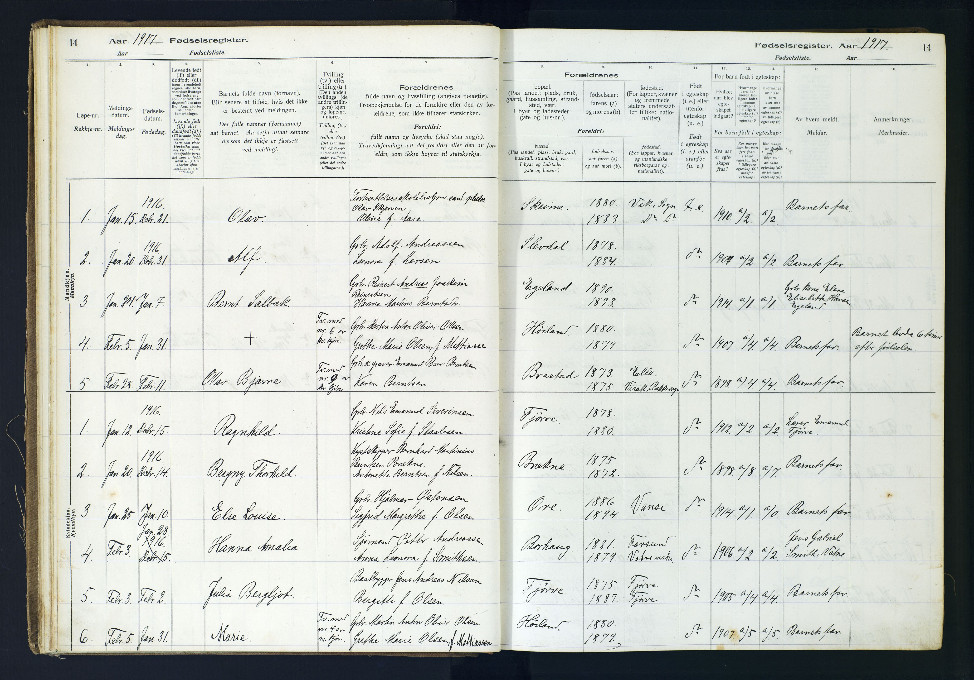 Lista sokneprestkontor, AV/SAK-1111-0027/J/Ja/L0001: Birth register no. A-VI-30, 1916-1934, p. 14