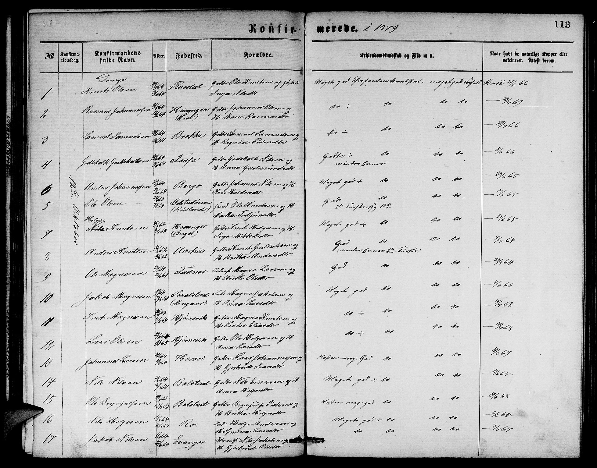Evanger sokneprestembete, SAB/A-99924: Parish register (copy) no. A 3, 1875-1887, p. 113