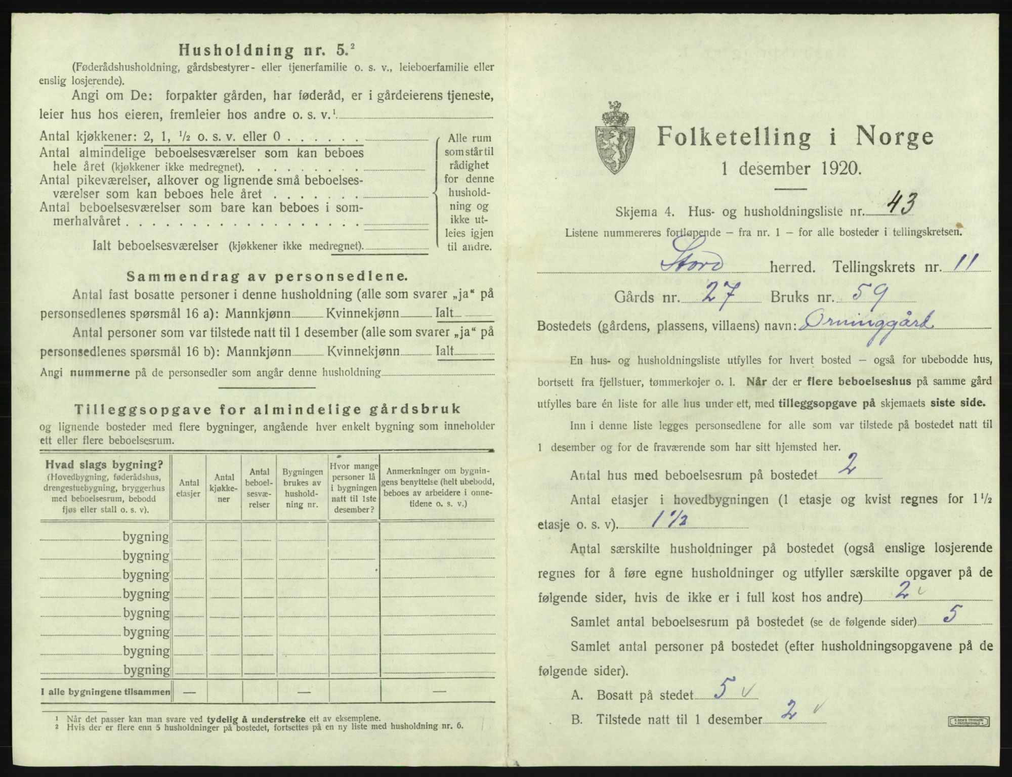 SAB, 1920 census for Stord, 1920, p. 845