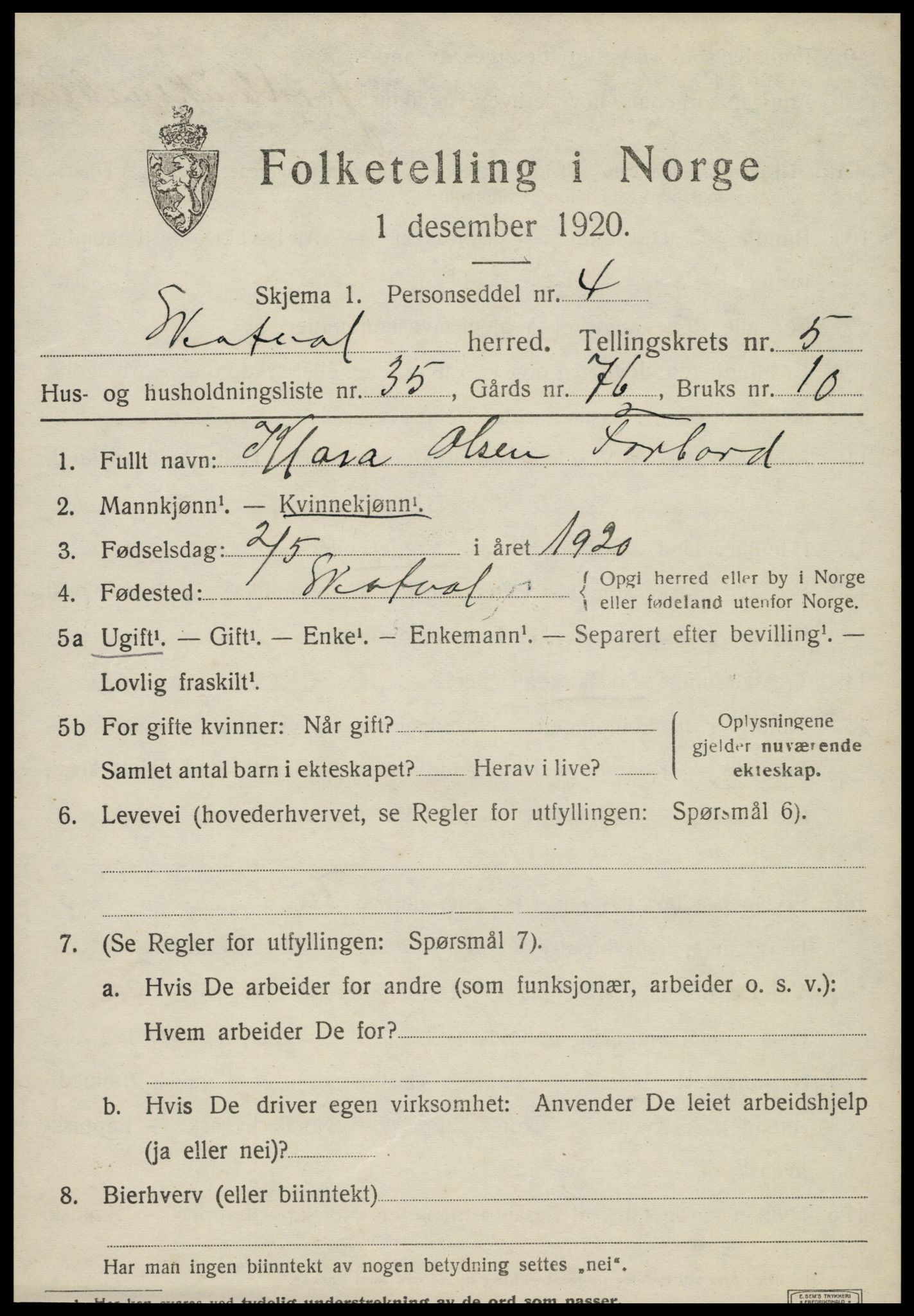 SAT, 1920 census for Skatval, 1920, p. 3889