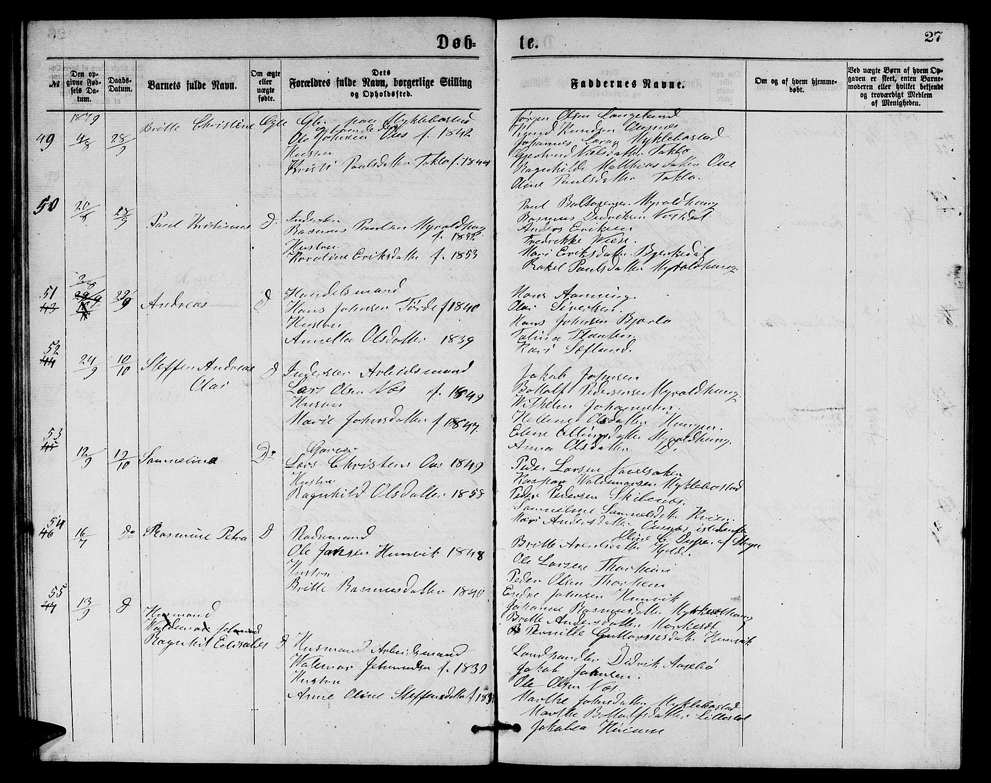 Eid sokneprestembete, AV/SAB-A-82301/H/Hab/Habb/L0001: Parish register (copy) no. B 1, 1877-1882, p. 27