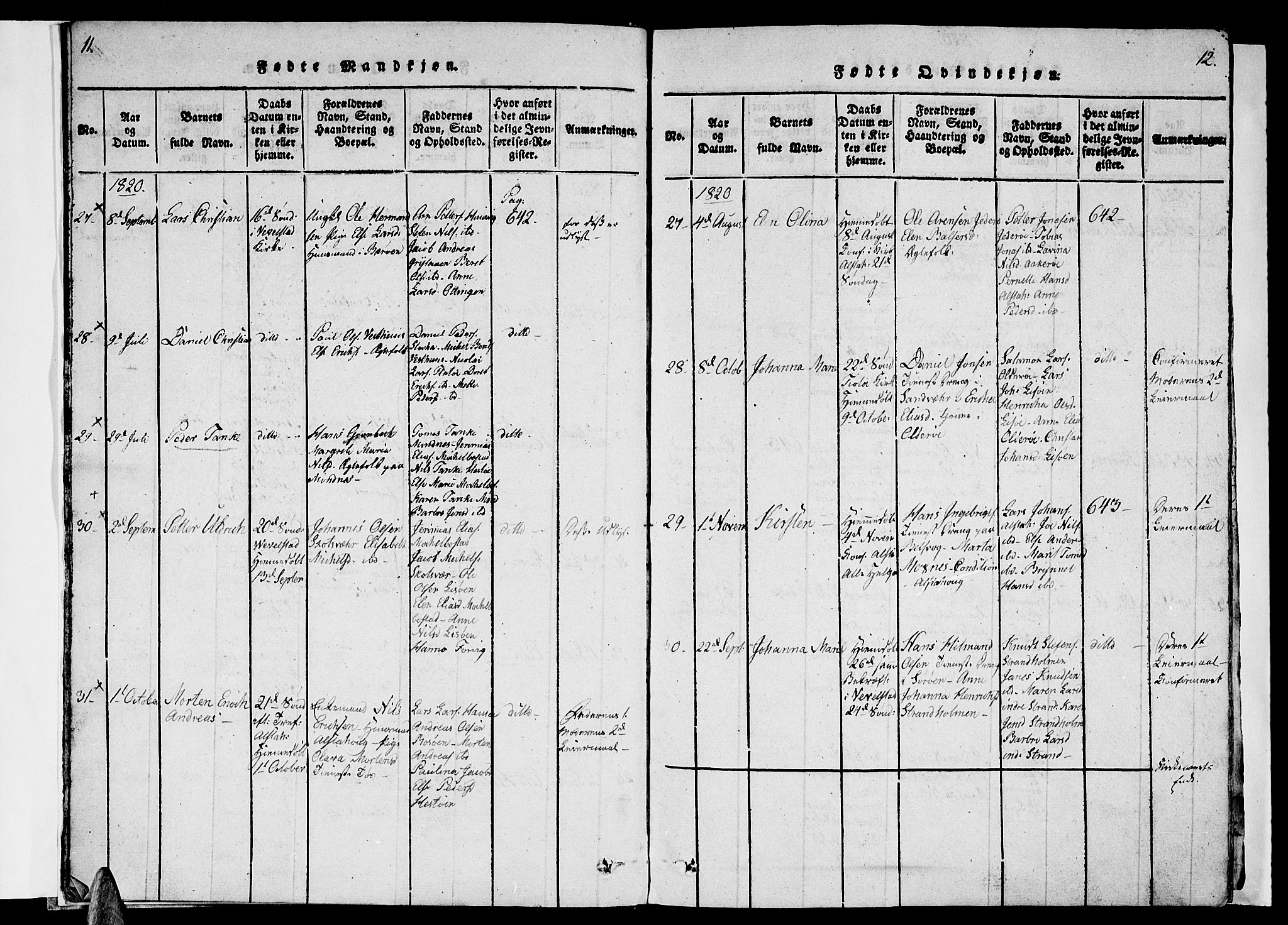 Ministerialprotokoller, klokkerbøker og fødselsregistre - Nordland, AV/SAT-A-1459/830/L0457: Parish register (copy) no. 830C01 /1, 1820-1842, p. 11-12