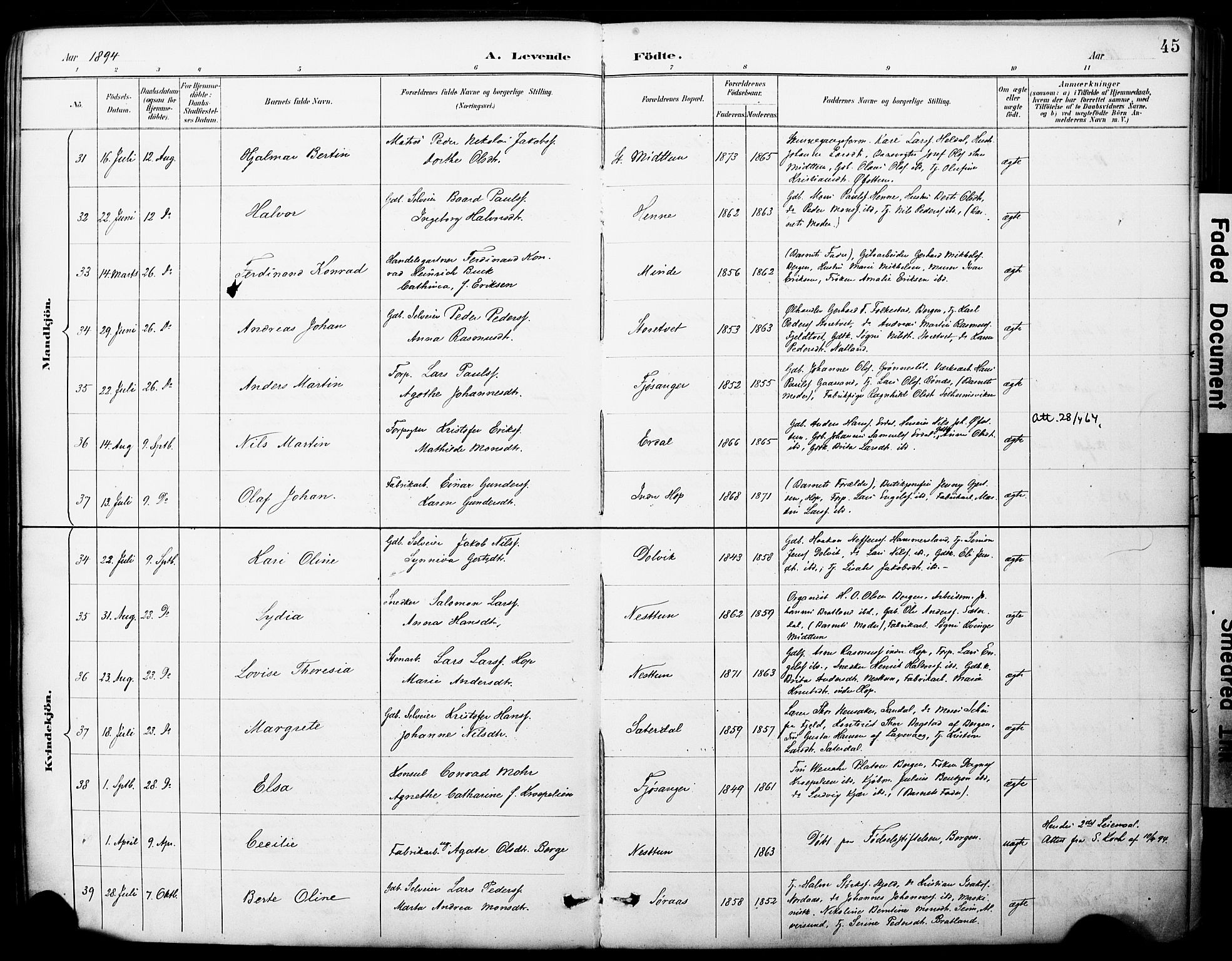 Fana Sokneprestembete, SAB/A-75101/H/Haa/Haai/L0002: Parish register (official) no. I 2, 1888-1899, p. 45