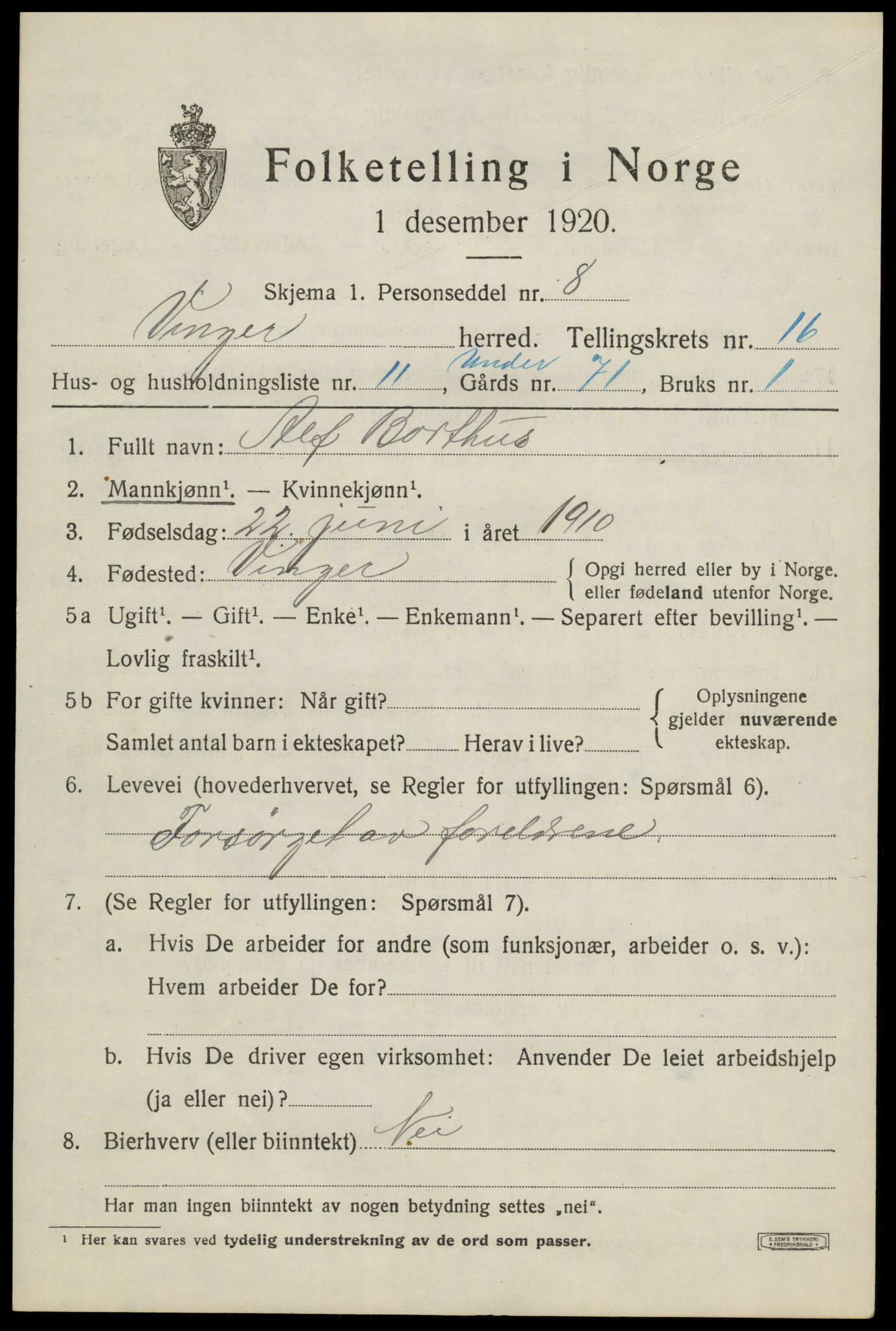 SAH, 1920 census for Vinger, 1920, p. 12180