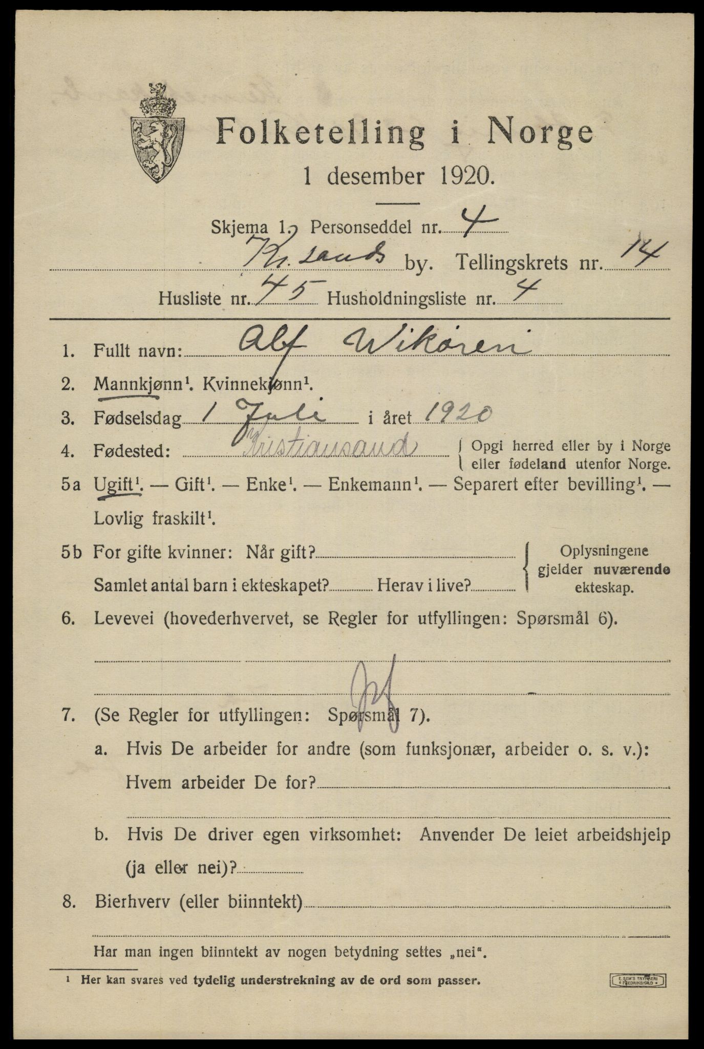 SAK, 1920 census for Kristiansand, 1920, p. 29673