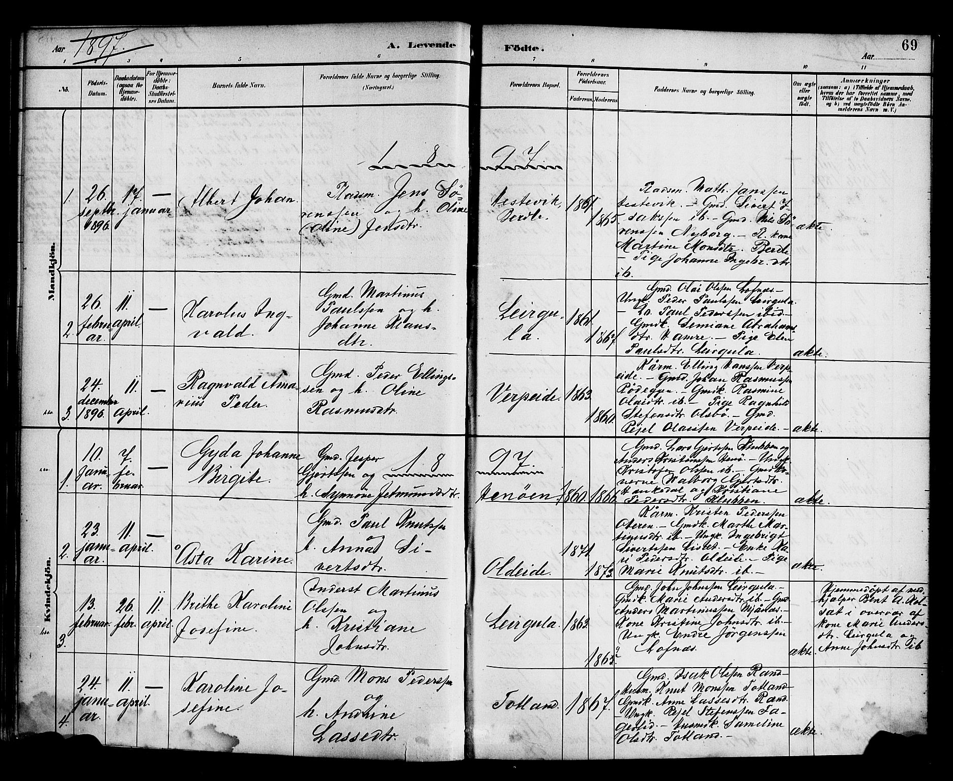 Davik sokneprestembete, AV/SAB-A-79701/H/Haa/Haad/L0001: Parish register (official) no. D 1, 1882-1900, p. 69