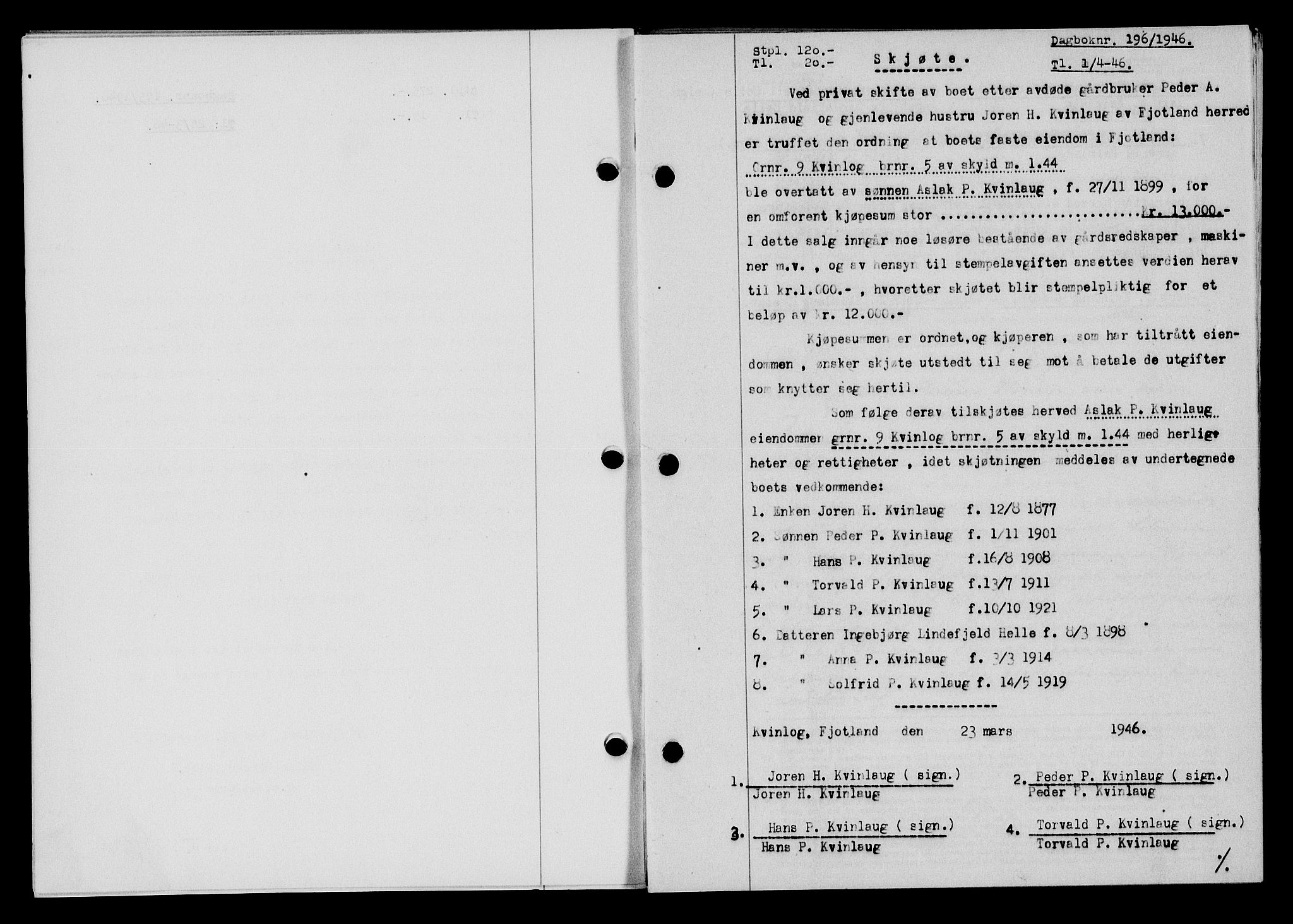 Flekkefjord sorenskriveri, AV/SAK-1221-0001/G/Gb/Gba/L0060: Mortgage book no. A-8, 1945-1946, Diary no: : 196/1946