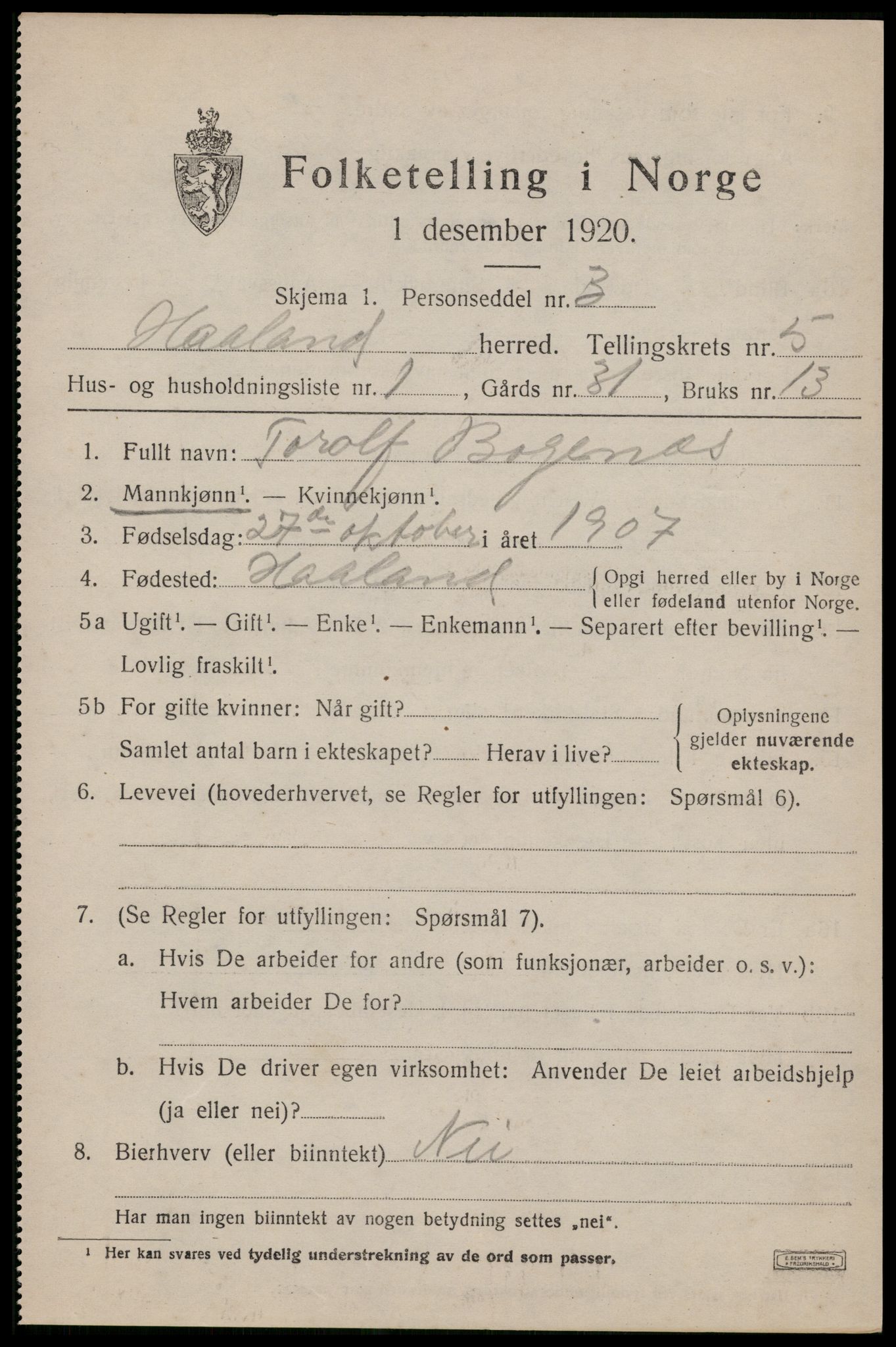 SAST, 1920 census for Håland, 1920, p. 4519