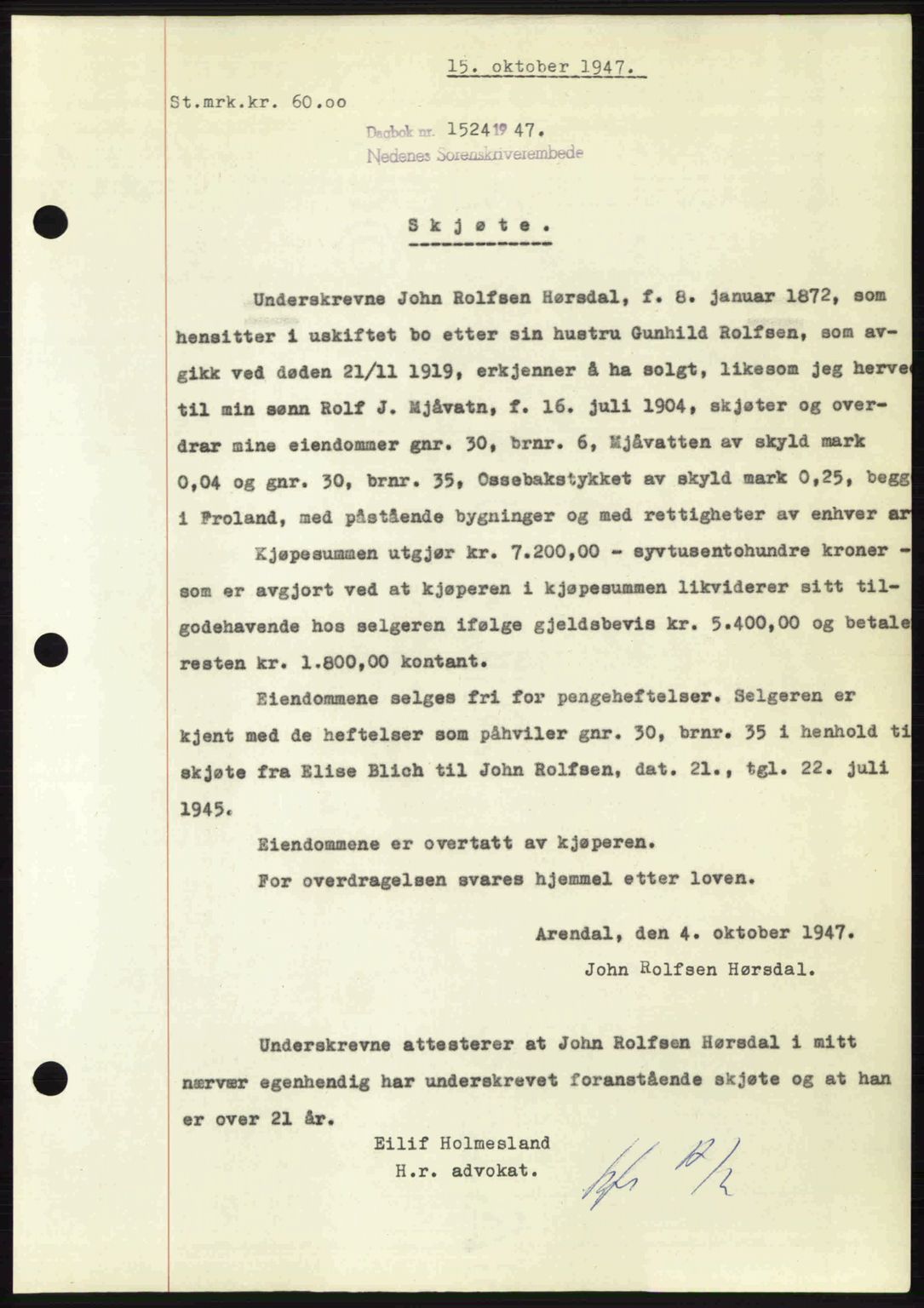 Nedenes sorenskriveri, AV/SAK-1221-0006/G/Gb/Gba/L0058: Mortgage book no. A10, 1947-1948, Diary no: : 1524/1947