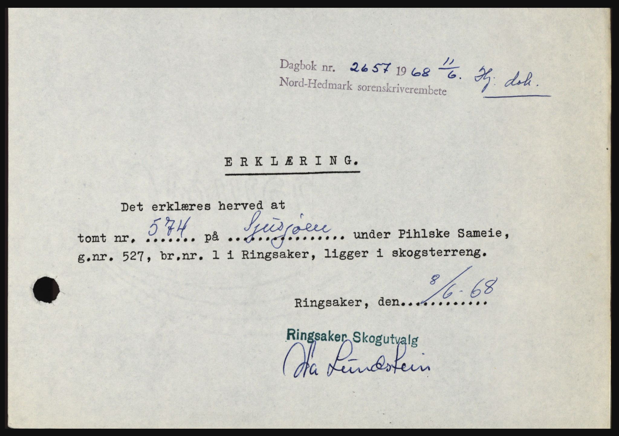 Nord-Hedmark sorenskriveri, SAH/TING-012/H/Hc/L0028: Mortgage book no. 28, 1968-1968, Diary no: : 2657/1968