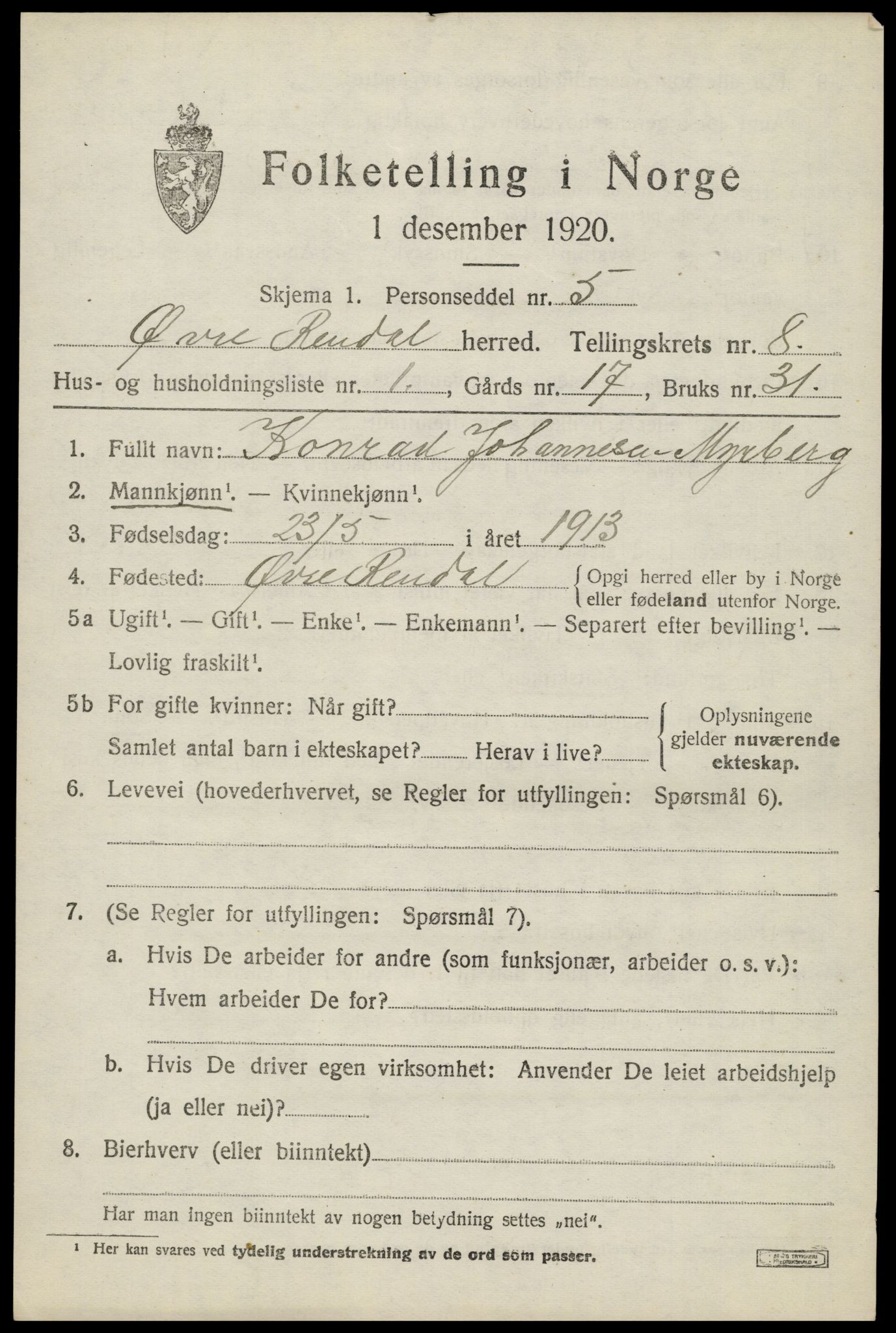 SAH, 1920 census for Øvre Rendal, 1920, p. 2839