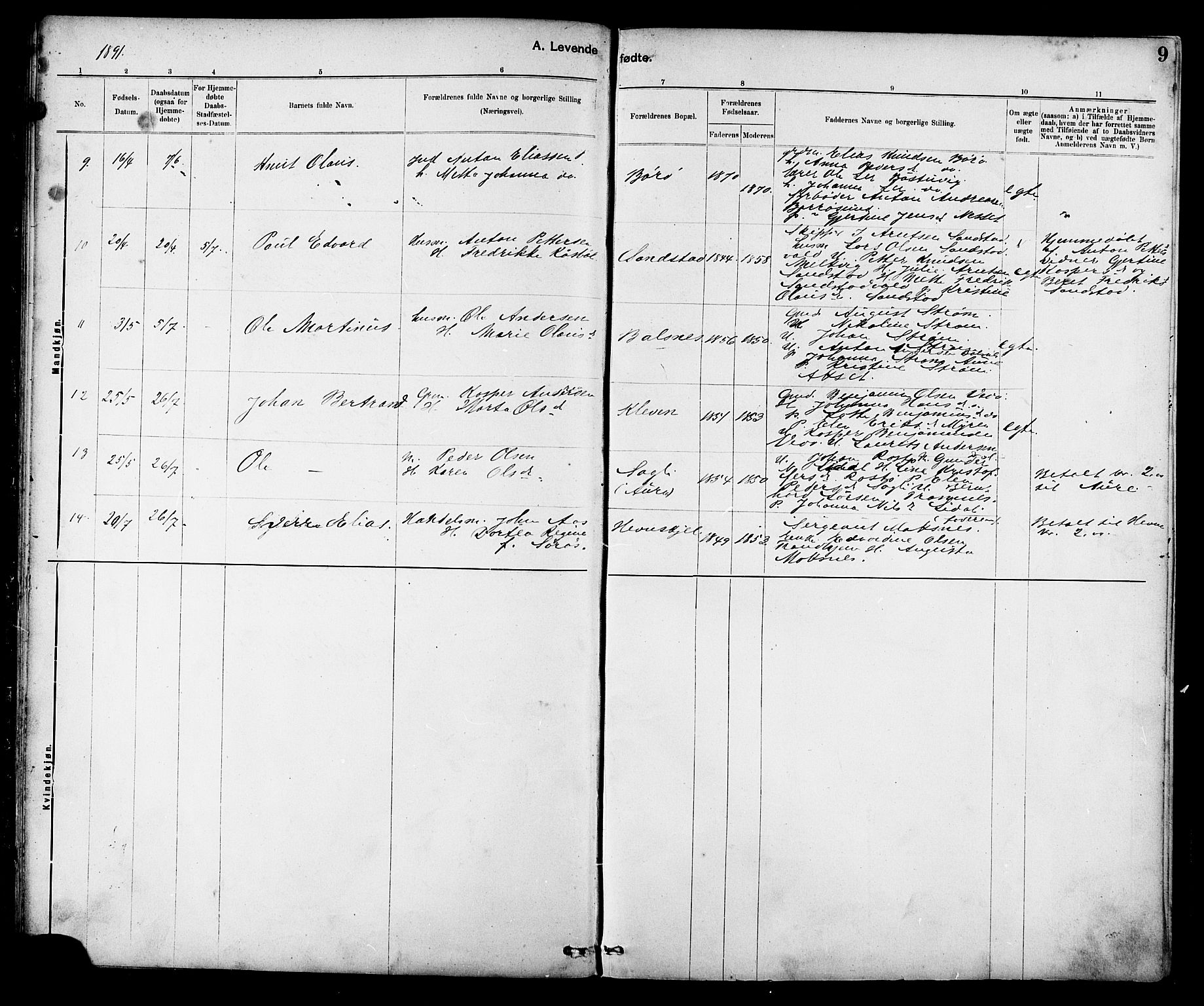 Ministerialprotokoller, klokkerbøker og fødselsregistre - Sør-Trøndelag, AV/SAT-A-1456/639/L0573: Parish register (copy) no. 639C01, 1890-1905, p. 9