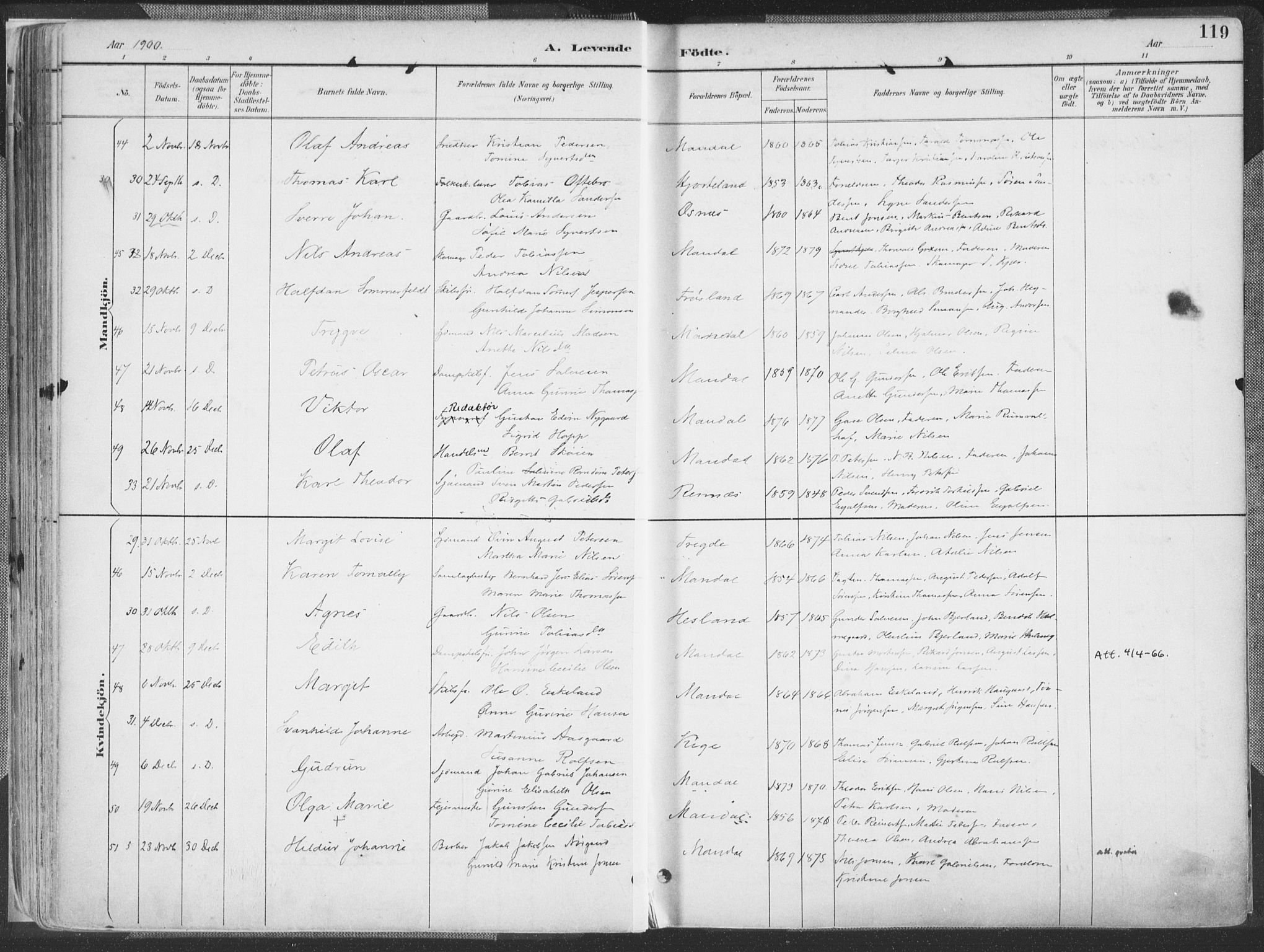 Mandal sokneprestkontor, AV/SAK-1111-0030/F/Fa/Faa/L0018: Parish register (official) no. A 18, 1890-1905, p. 119