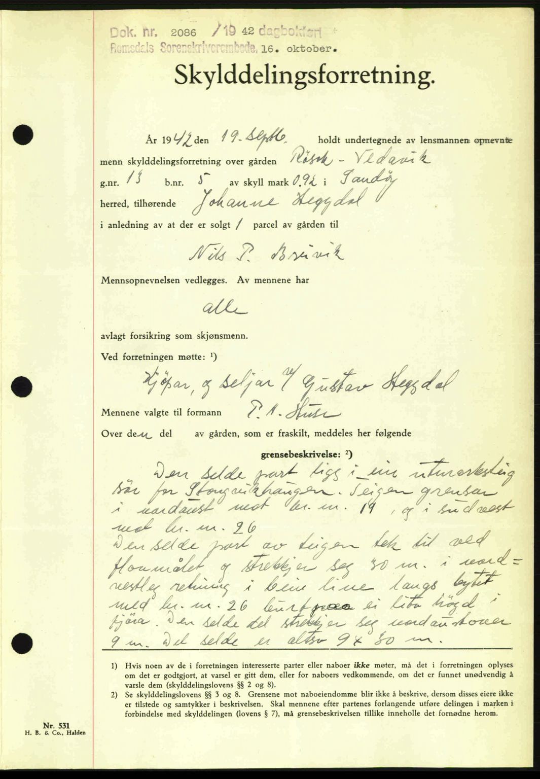 Romsdal sorenskriveri, AV/SAT-A-4149/1/2/2C: Mortgage book no. A13, 1942-1943, Diary no: : 2086/1942