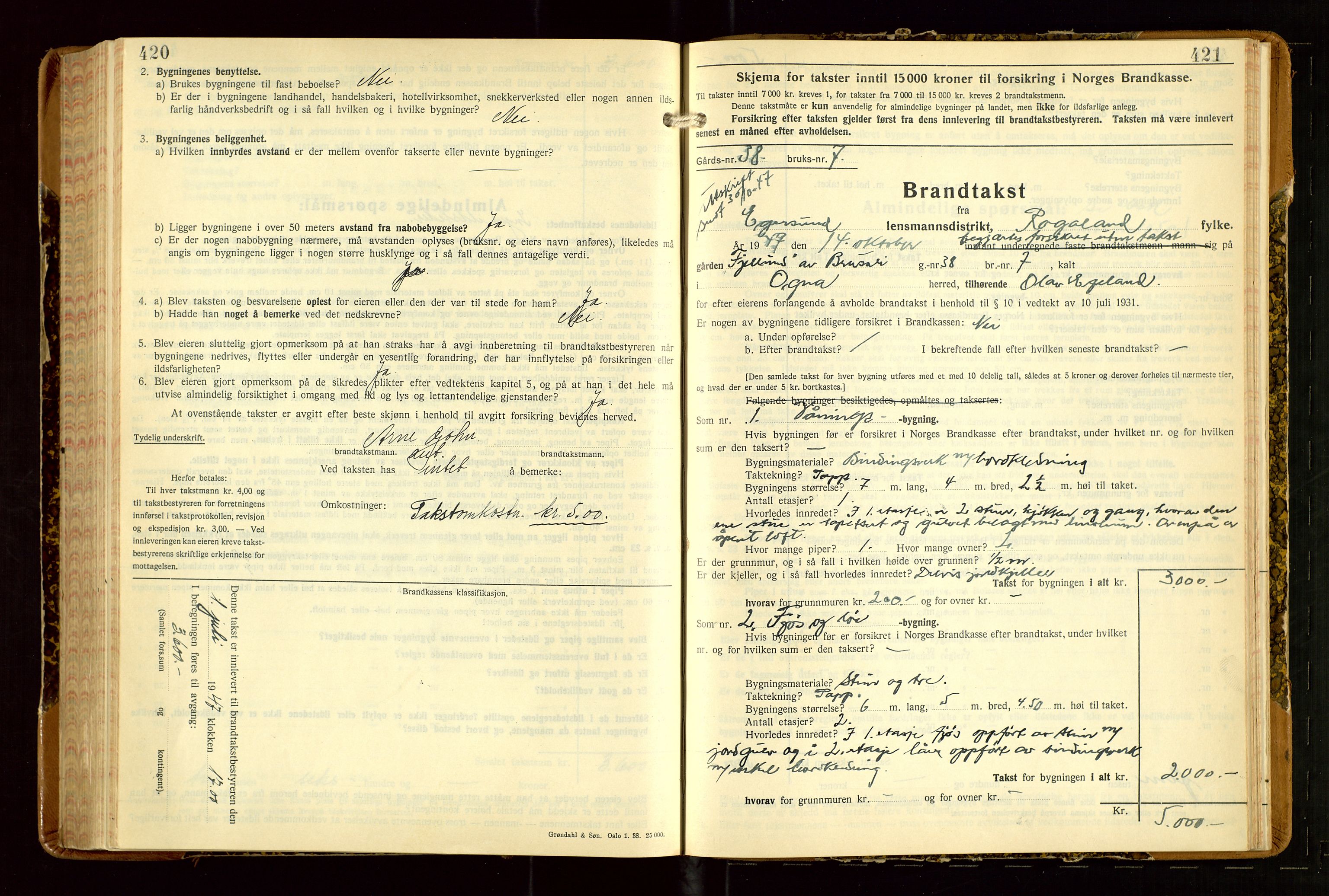 Eigersund lensmannskontor, AV/SAST-A-100171/Gob/L0007: "Brandtakstprotokoll", 1938-1955, p. 420-421