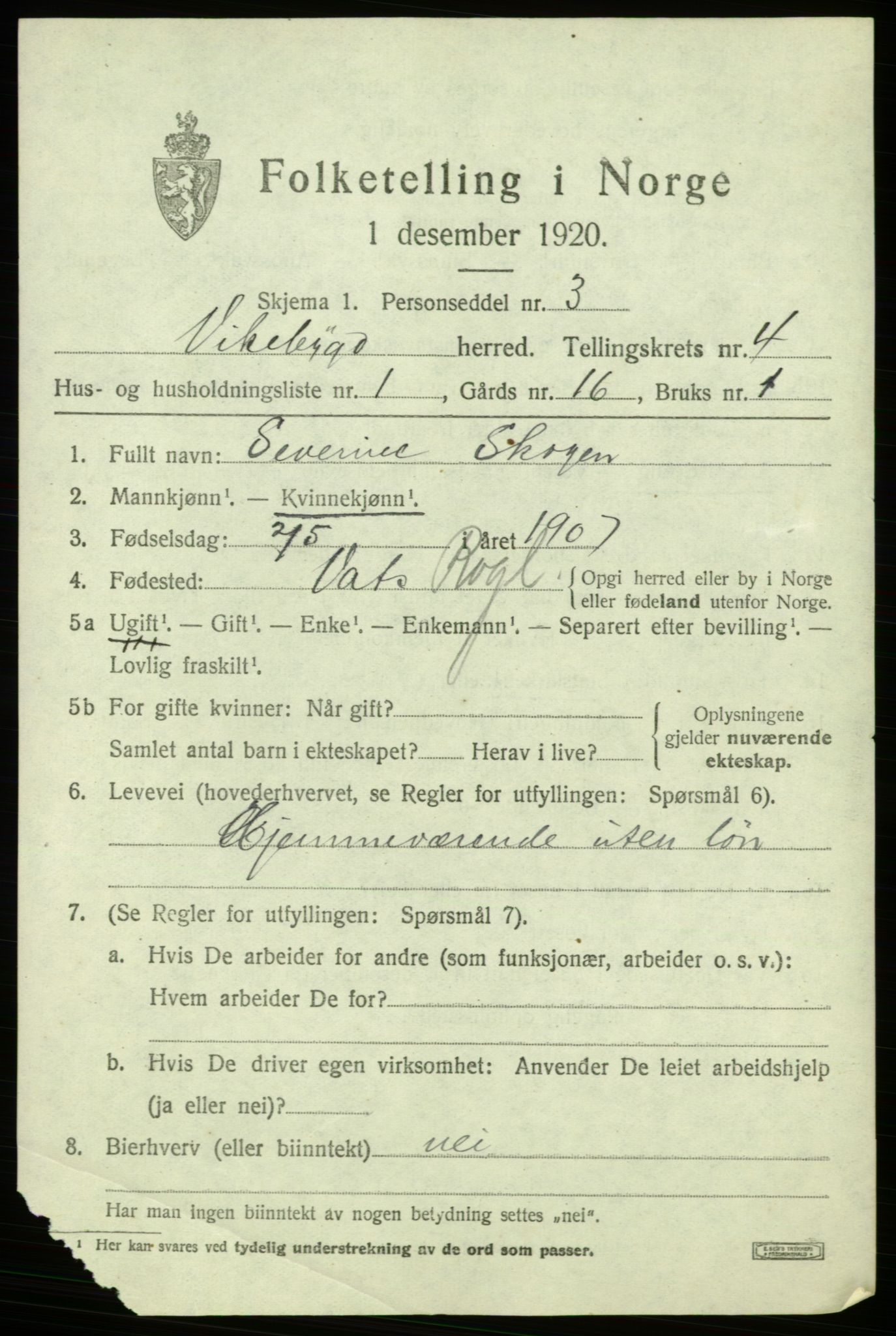 SAB, 1920 census for Vikebygd, 1920, p. 1559