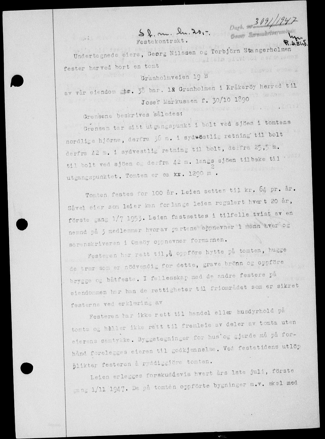 Onsøy sorenskriveri, SAO/A-10474/G/Ga/Gab/L0021: Mortgage book no. II A-21, 1947-1947, Diary no: : 3091/1947