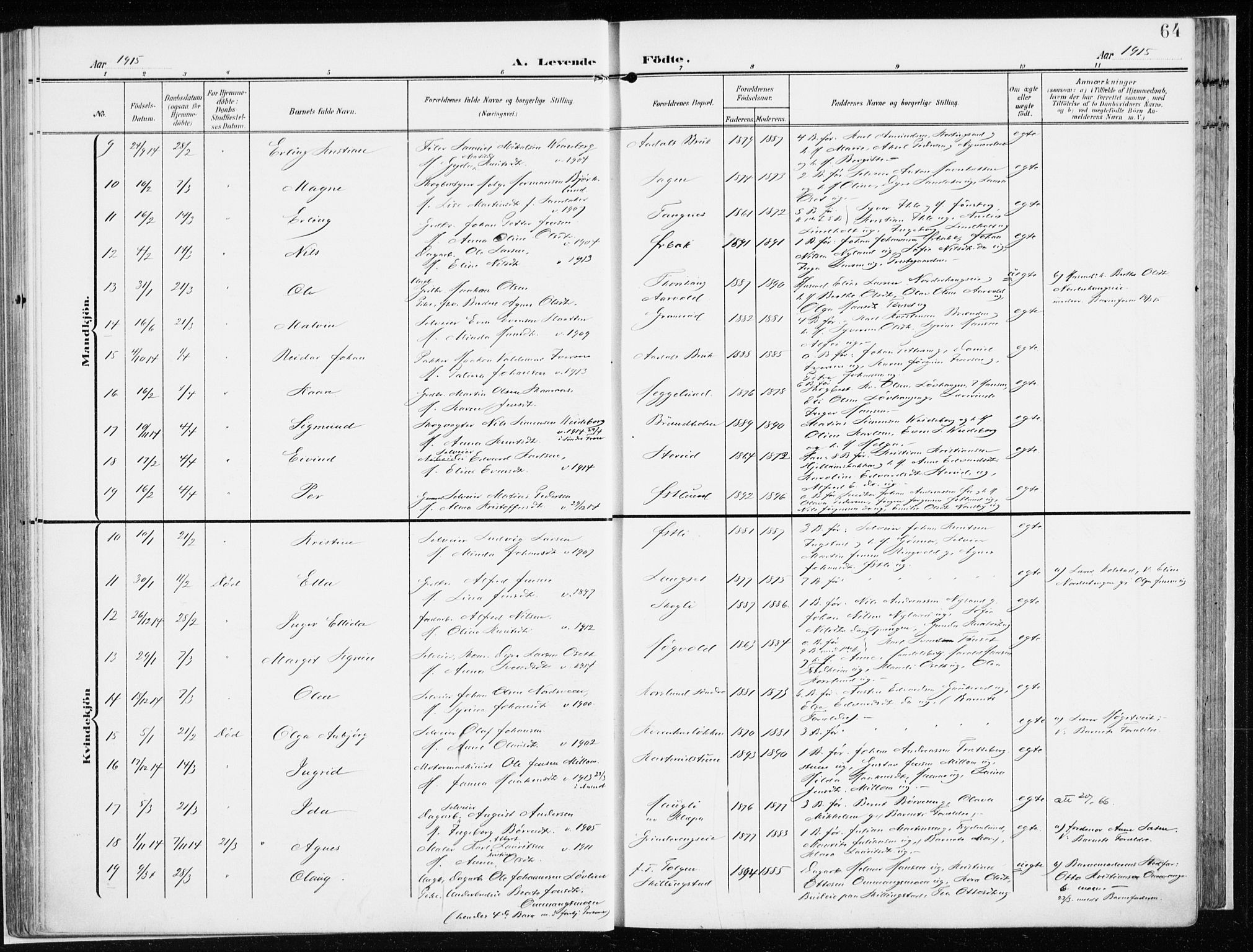 Løten prestekontor, AV/SAH-PREST-022/K/Ka/L0011: Parish register (official) no. 11, 1908-1917, p. 64