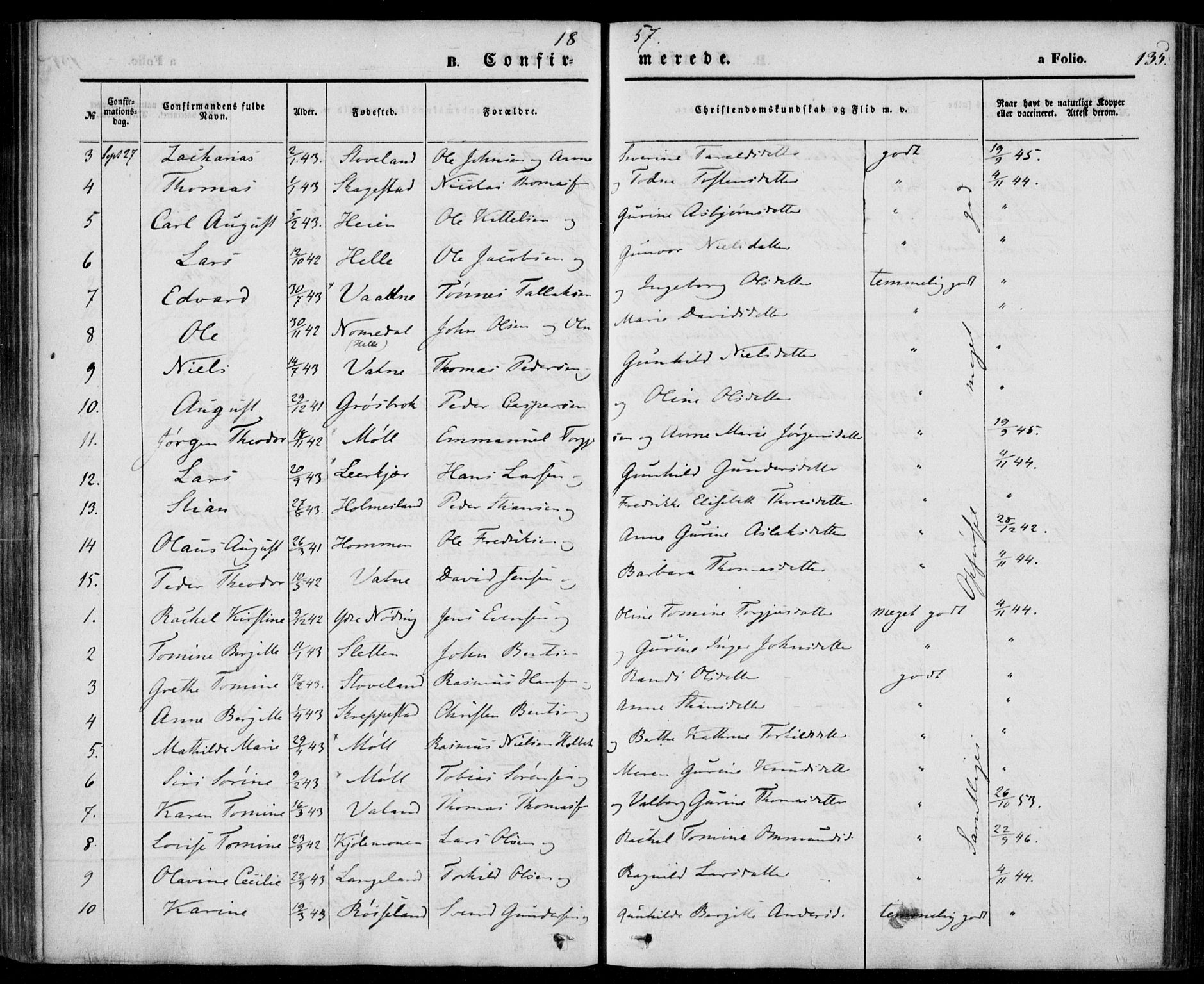 Holum sokneprestkontor, AV/SAK-1111-0022/F/Fa/Faa/L0005: Parish register (official) no. A 5, 1850-1864, p. 135