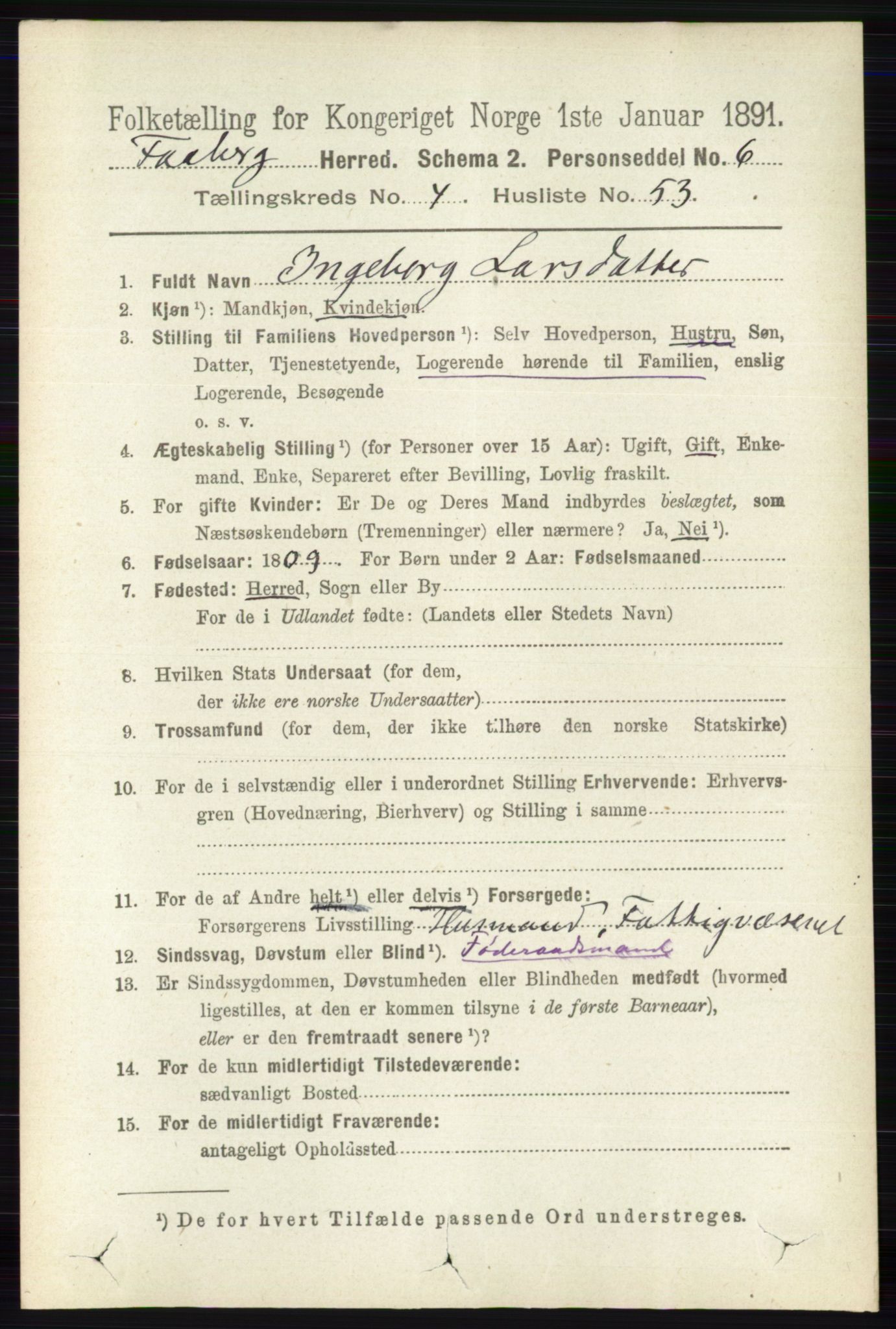 RA, 1891 census for 0524 Fåberg, 1891, p. 1539