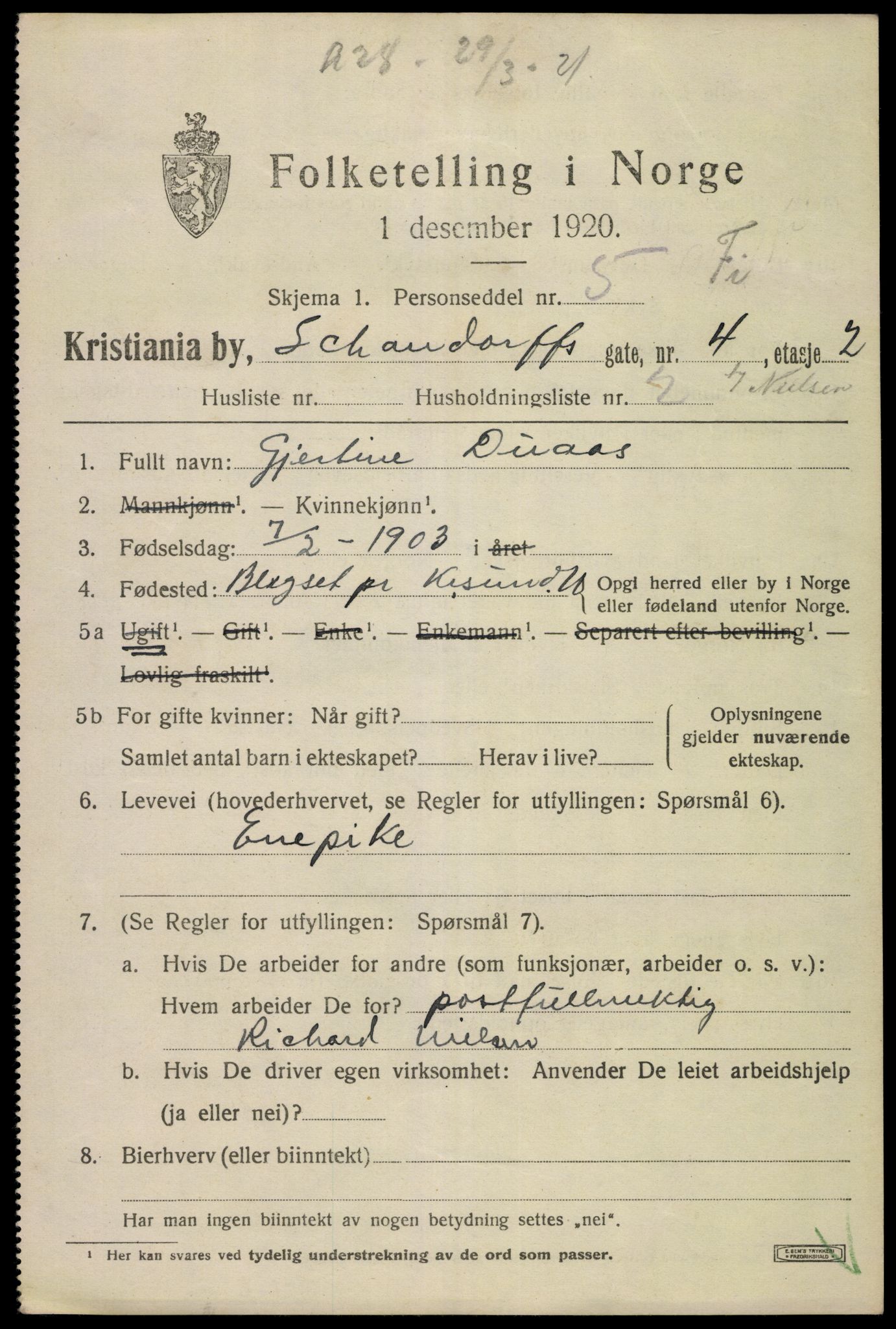 SAO, 1920 census for Kristiania, 1920, p. 487183