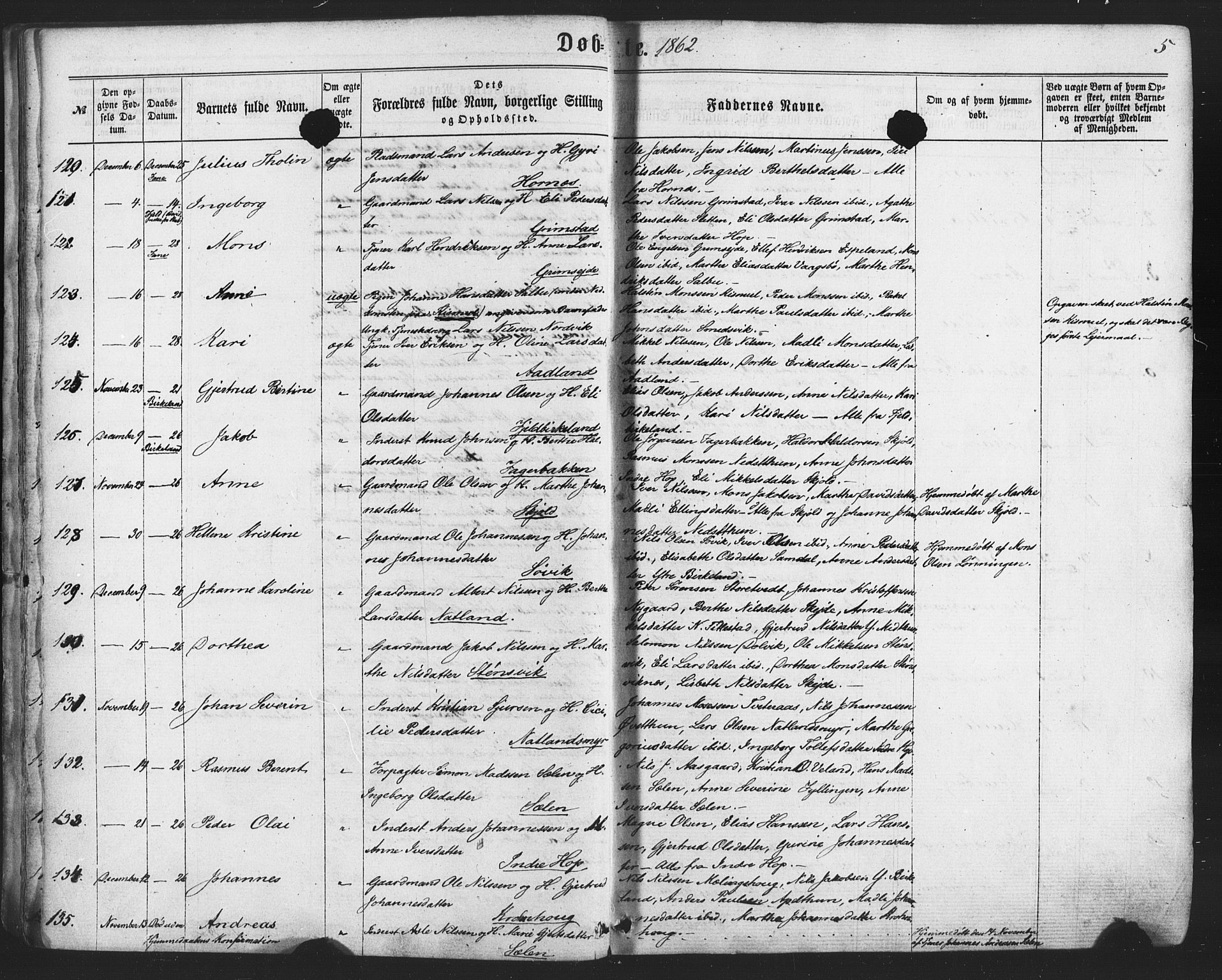 Fana Sokneprestembete, AV/SAB-A-75101/H/Haa/Haaa/L0012: Parish register (official) no. A 12, 1862-1878, p. 5