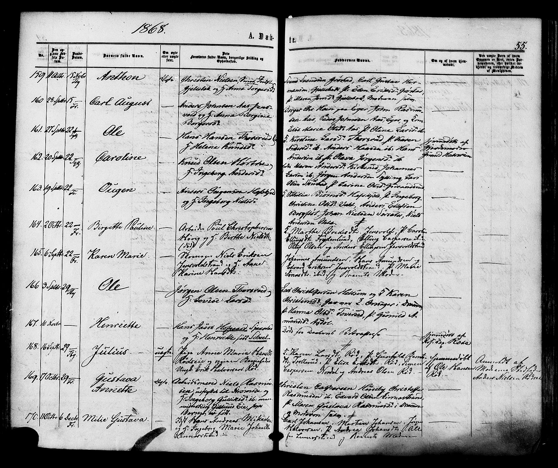 Lier kirkebøker, AV/SAKO-A-230/F/Fa/L0013: Parish register (official) no. I 13, 1865-1874, p. 55