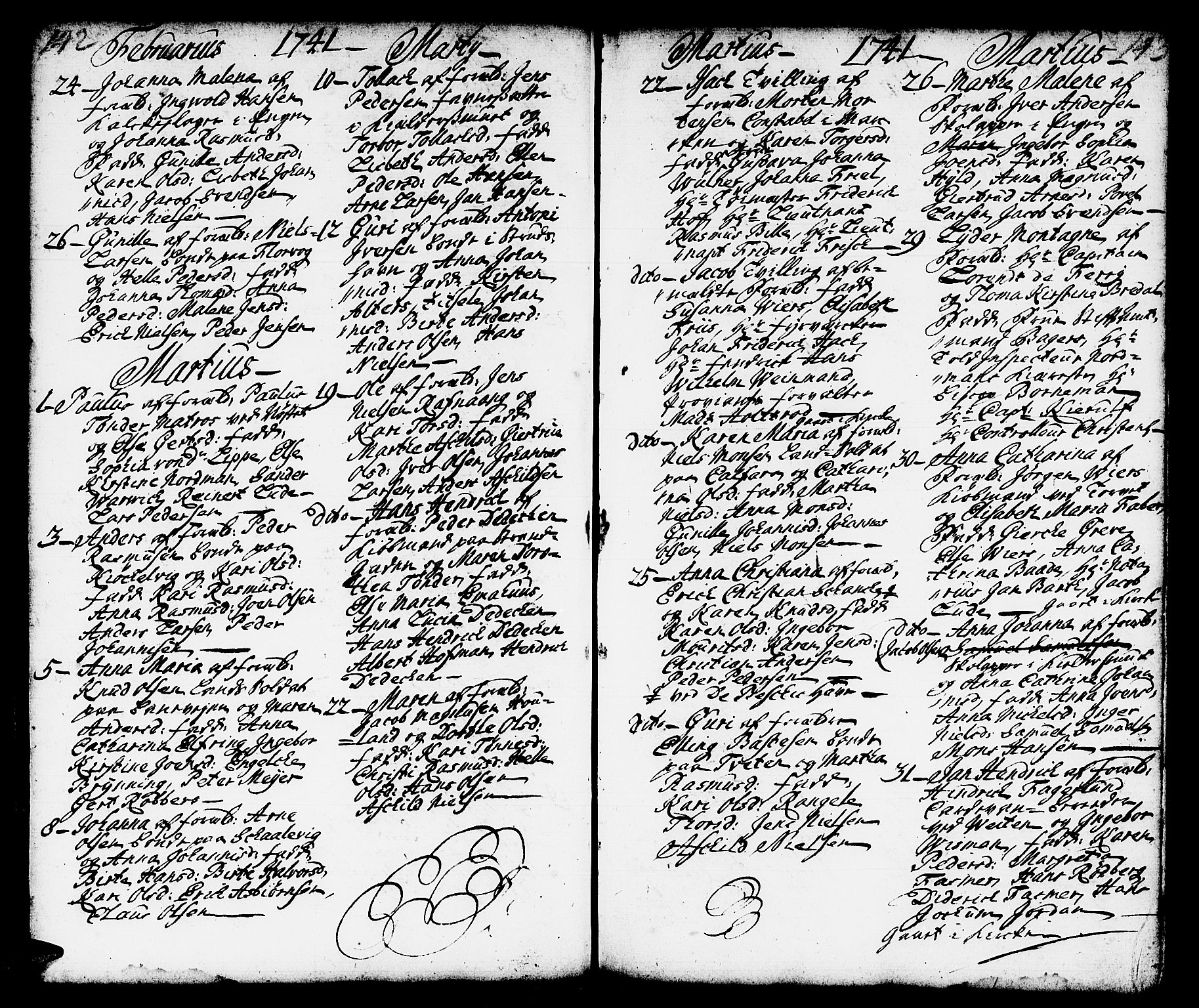 Domkirken sokneprestembete, AV/SAB-A-74801/H/Haa/L0002: Parish register (official) no. A 2, 1733-1750, p. 142-143