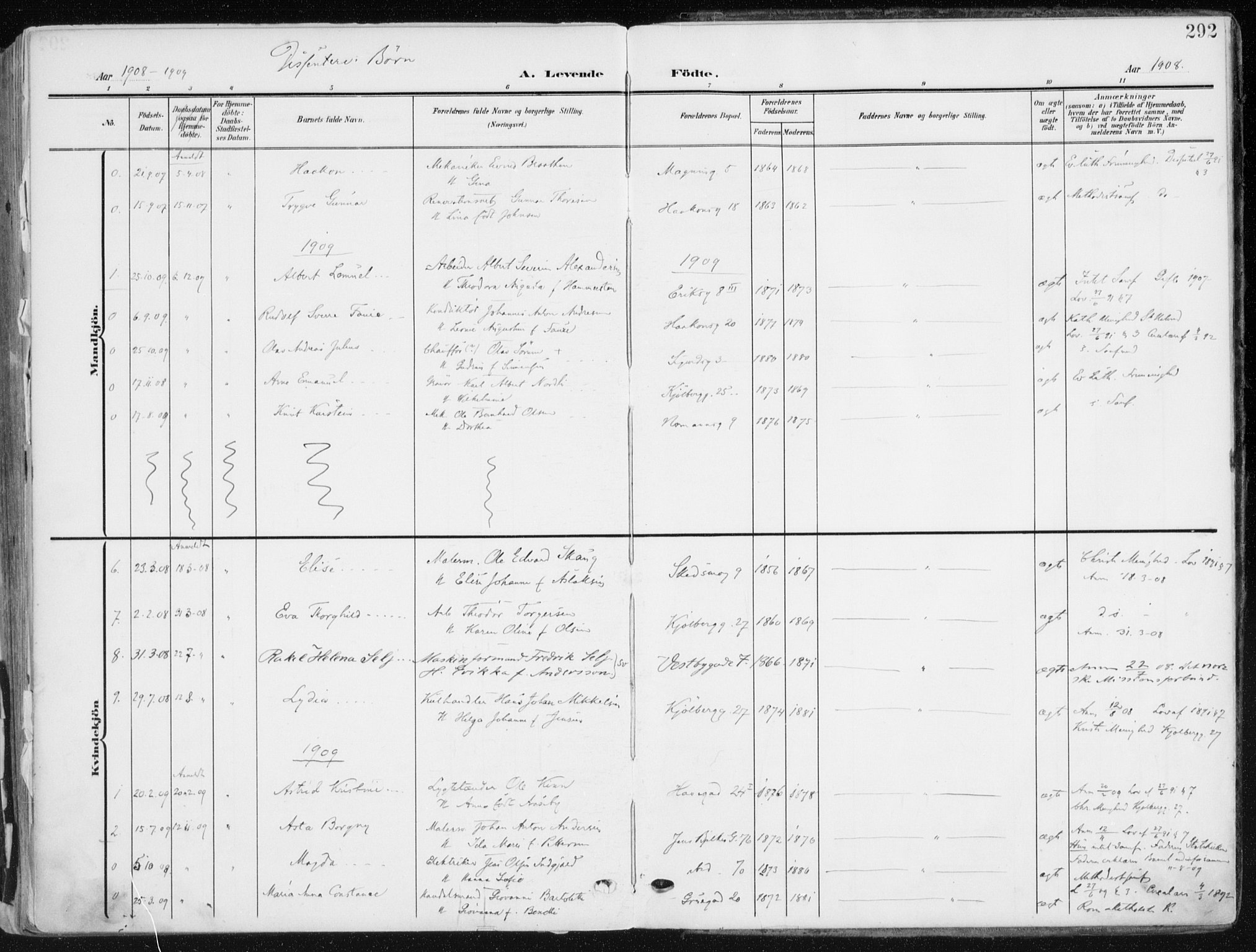 Kampen prestekontor Kirkebøker, SAO/A-10853/F/Fa/L0010: Parish register (official) no. I 10, 1905-1917, p. 292