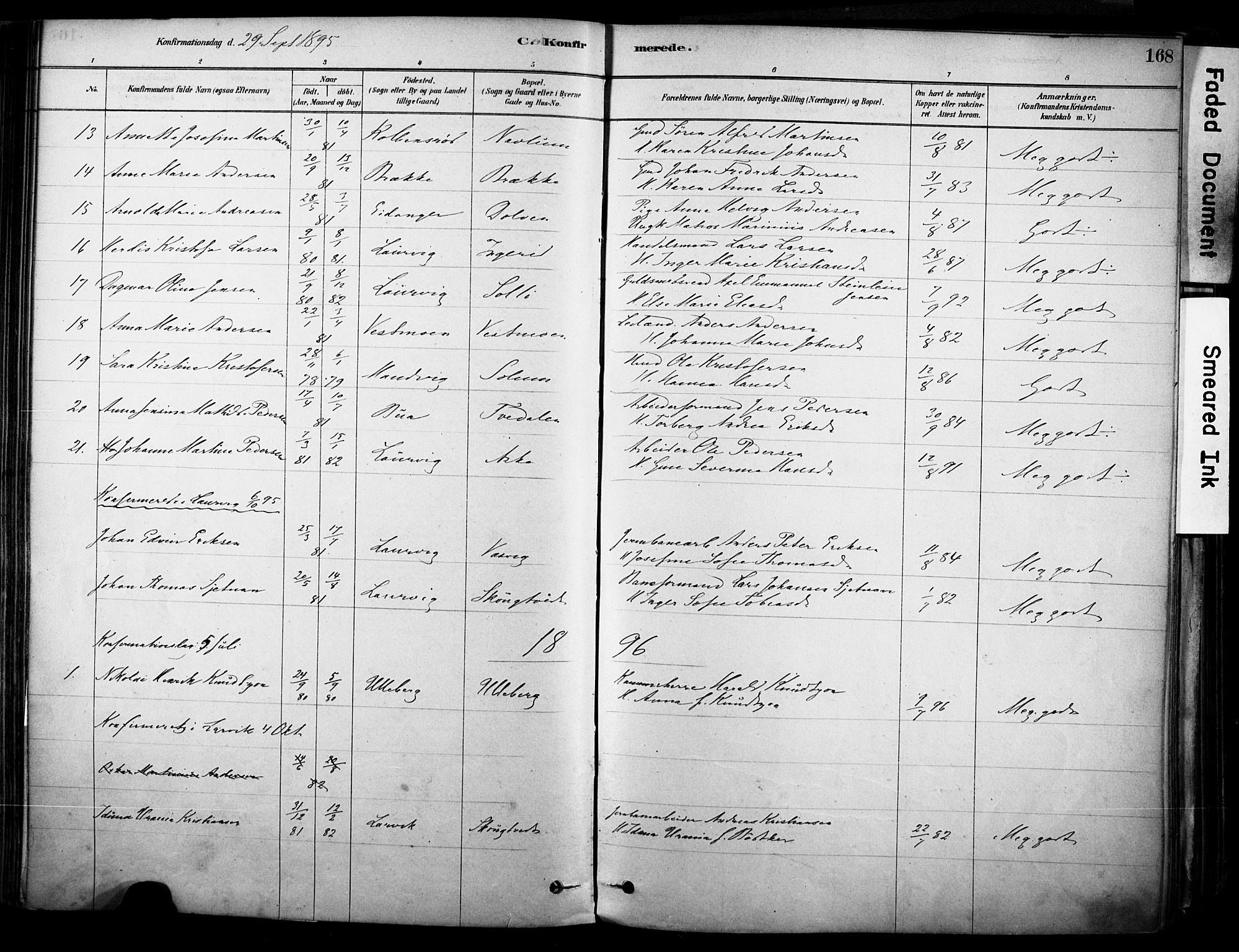 Brunlanes kirkebøker, AV/SAKO-A-342/F/Fc/L0001: Parish register (official) no. III 1, 1878-1899, p. 168