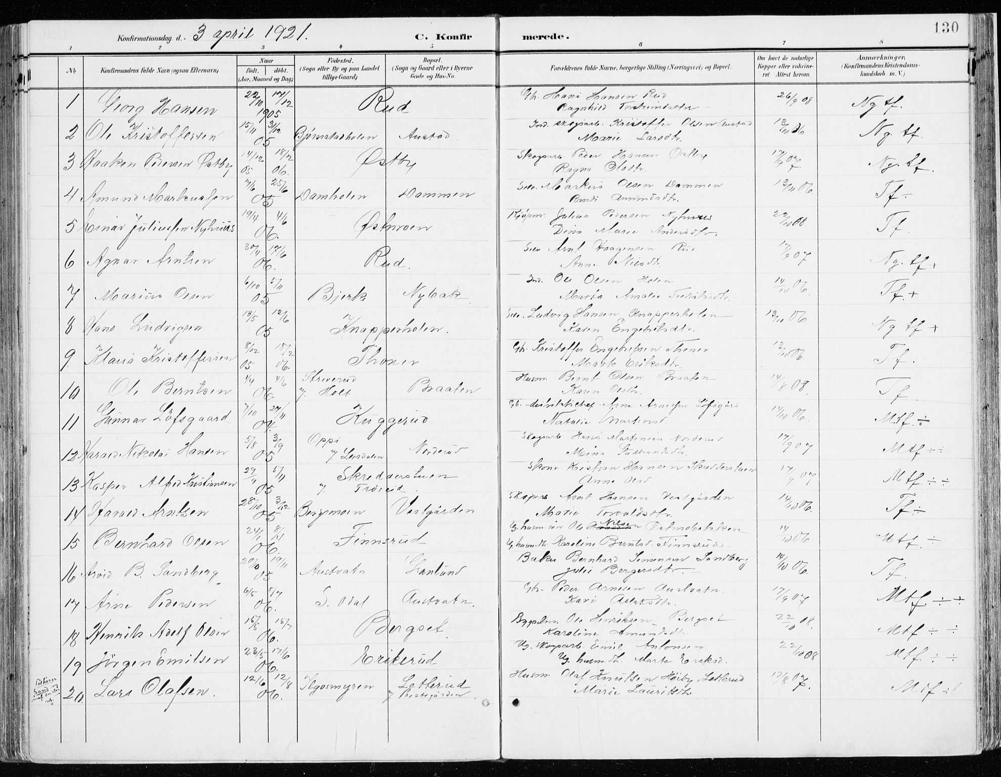 Nord-Odal prestekontor, SAH/PREST-032/H/Ha/Haa/L0009: Parish register (official) no. 9, 1902-1926, p. 130