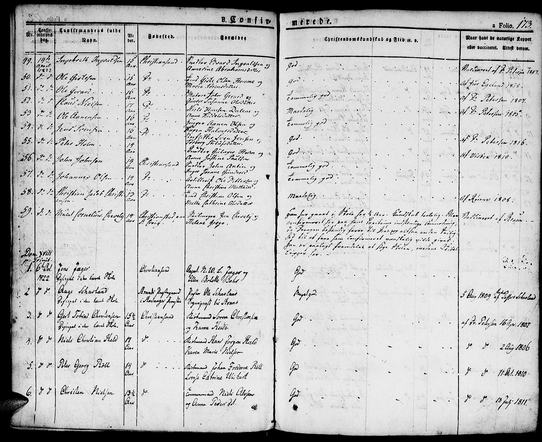 Kristiansand domprosti, SAK/1112-0006/F/Fa/L0009: Parish register (official) no. A 9, 1821-1827, p. 173