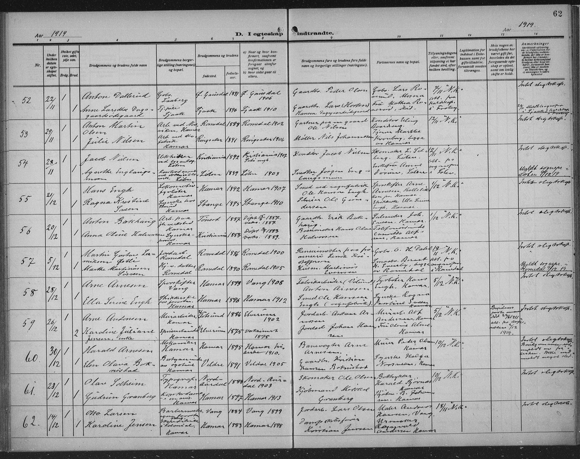 Hamar prestekontor, AV/SAH-DOMPH-002/H/Ha/Haa/L0003: Parish register (official) no. 3, 1913-1930, p. 62