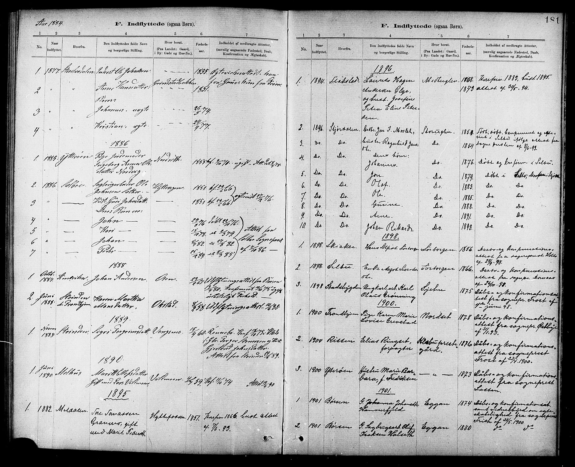 Ministerialprotokoller, klokkerbøker og fødselsregistre - Sør-Trøndelag, SAT/A-1456/618/L0452: Parish register (copy) no. 618C03, 1884-1906, p. 181