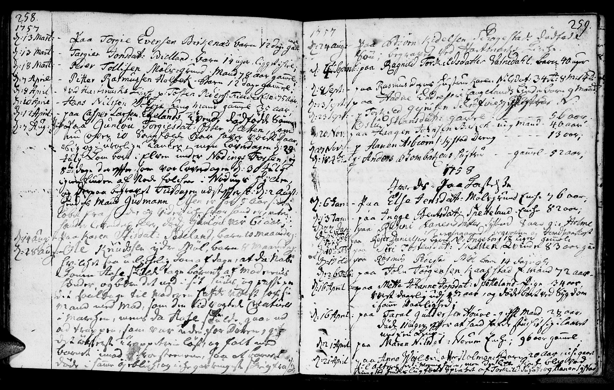 Holum sokneprestkontor, SAK/1111-0022/F/Fa/Faa/L0002: Parish register (official) no. A 2, 1756-1780, p. 258-259