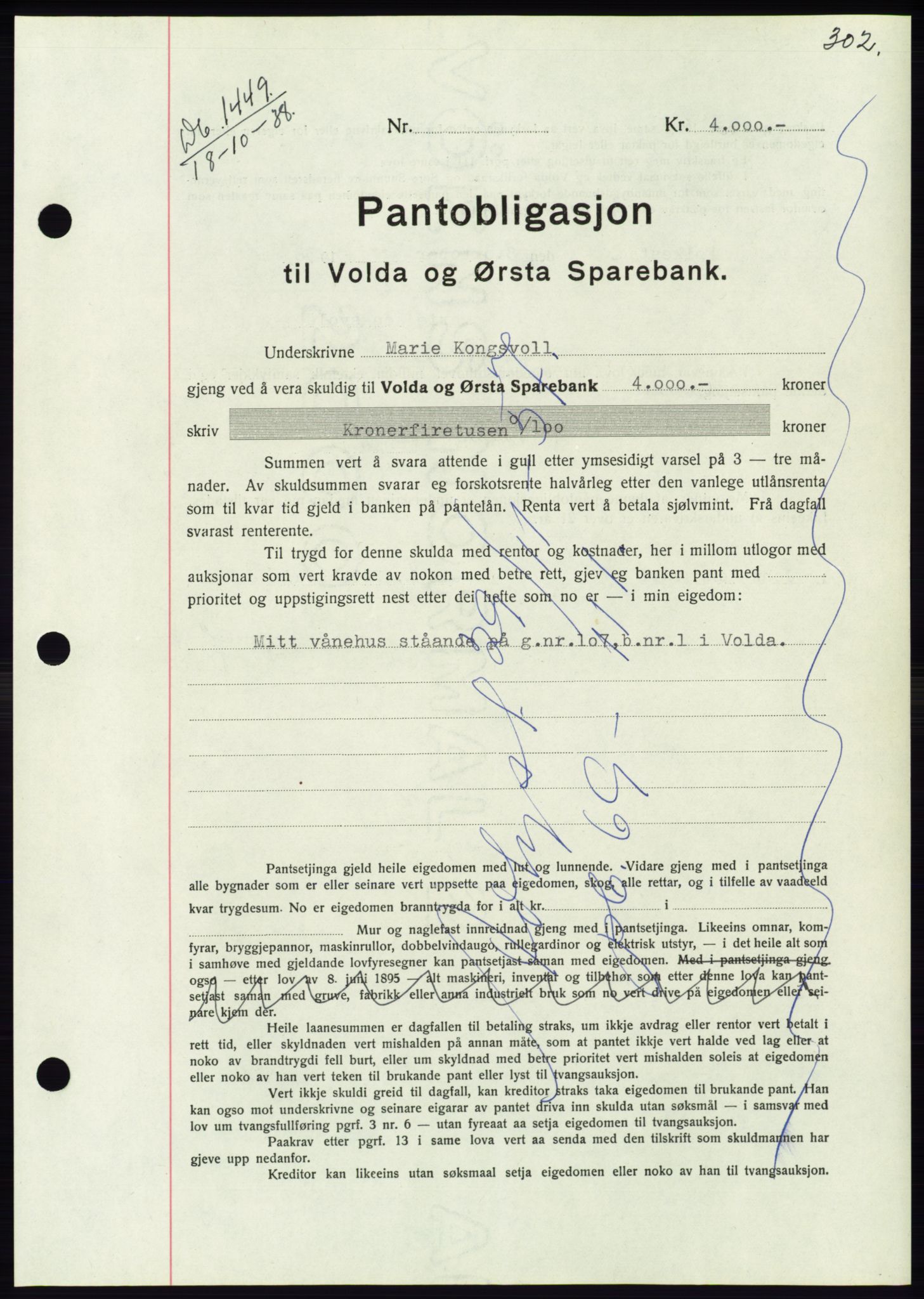 Søre Sunnmøre sorenskriveri, AV/SAT-A-4122/1/2/2C/L0066: Mortgage book no. 60, 1938-1938, Diary no: : 1449/1938