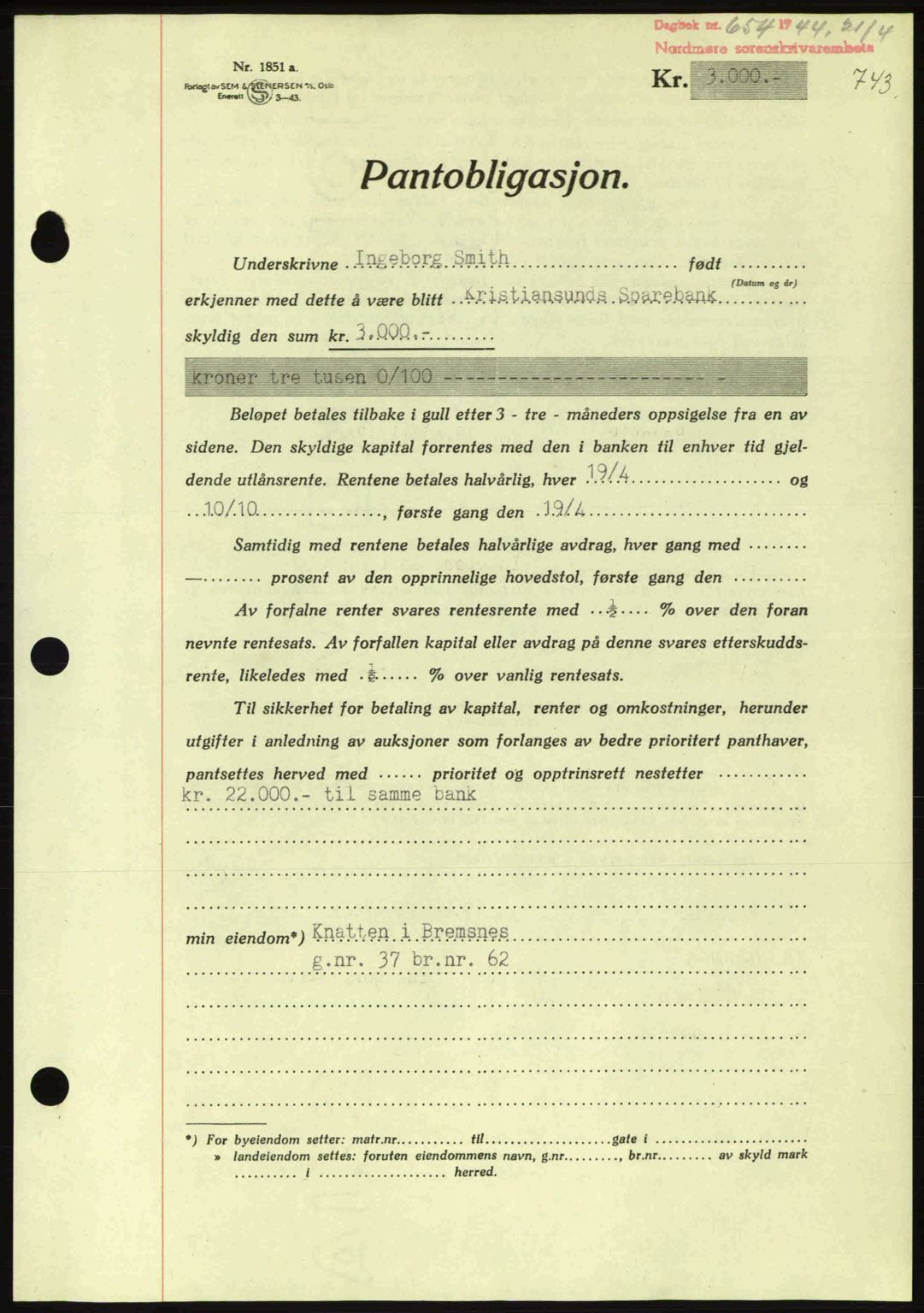 Nordmøre sorenskriveri, AV/SAT-A-4132/1/2/2Ca: Mortgage book no. B91, 1943-1944, Diary no: : 654/1944