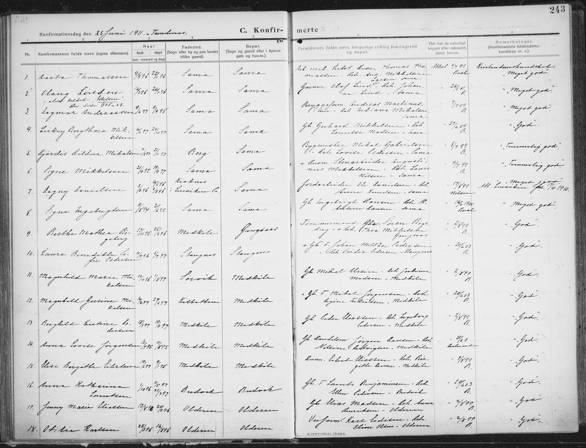 Trondenes sokneprestkontor, SATØ/S-1319/H/Ha/L0018kirke: Parish register (official) no. 18, 1909-1918, p. 243