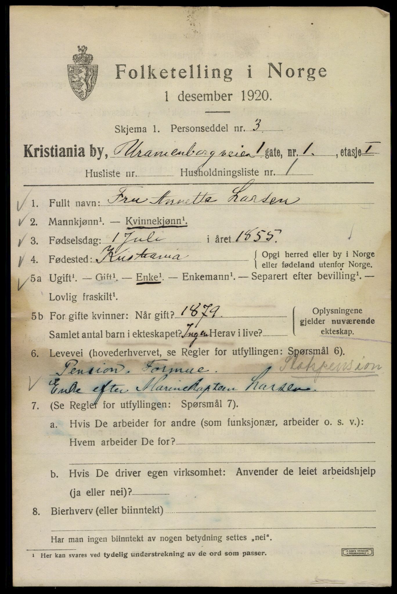 SAO, 1920 census for Kristiania, 1920, p. 619355