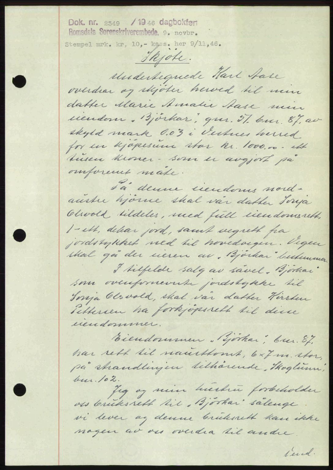 Romsdal sorenskriveri, AV/SAT-A-4149/1/2/2C: Mortgage book no. A21, 1946-1946, Diary no: : 2349/1946