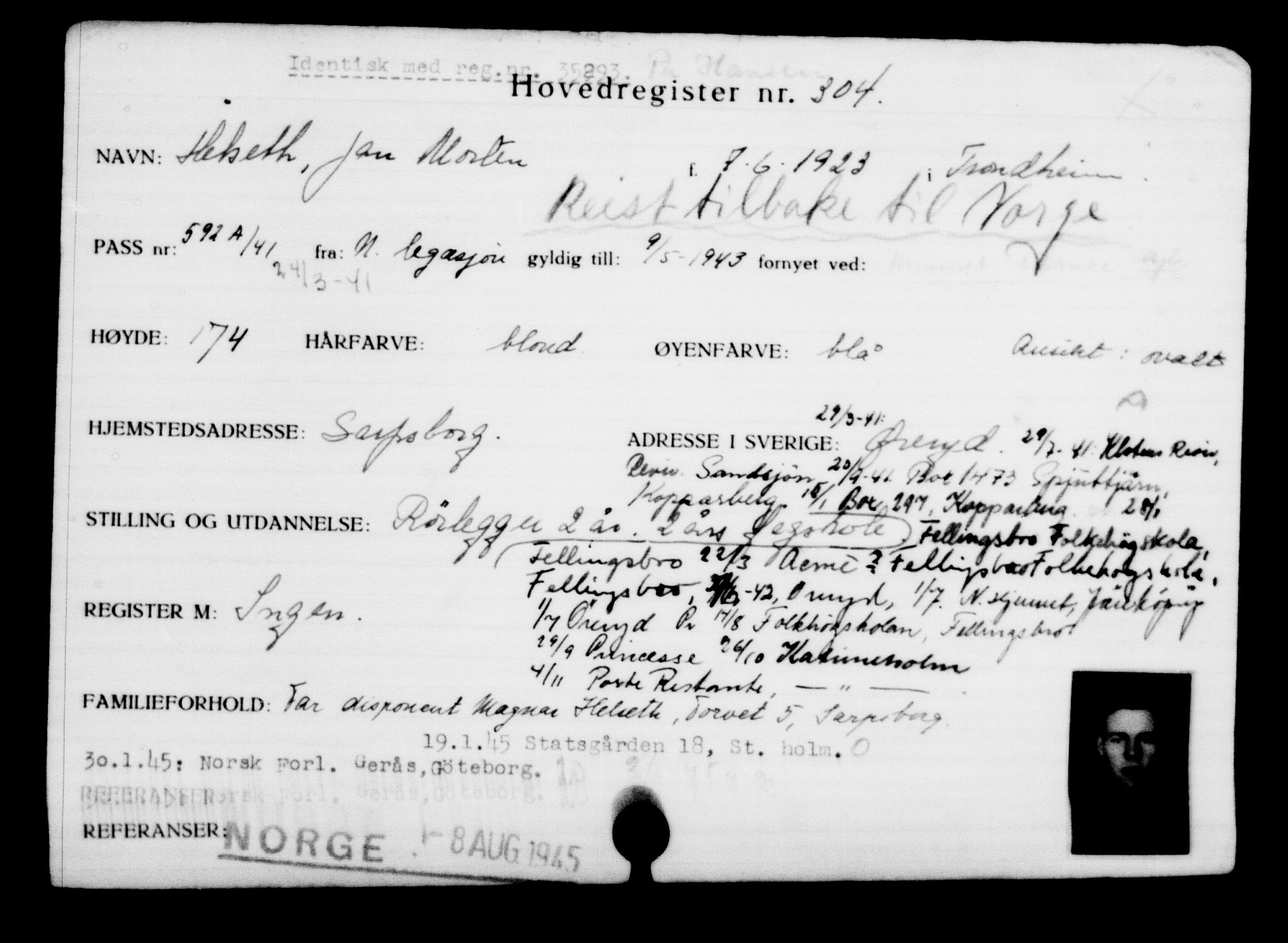 Utenriksstasjonene, Legasjonen i Stockholm, Flyktningkontoret, AV/RA-S-6753/V/Va/L0001: Kjesäterkartoteket, flyktninger med registreringsnr. 1-1000, 1940-1945, p. 484